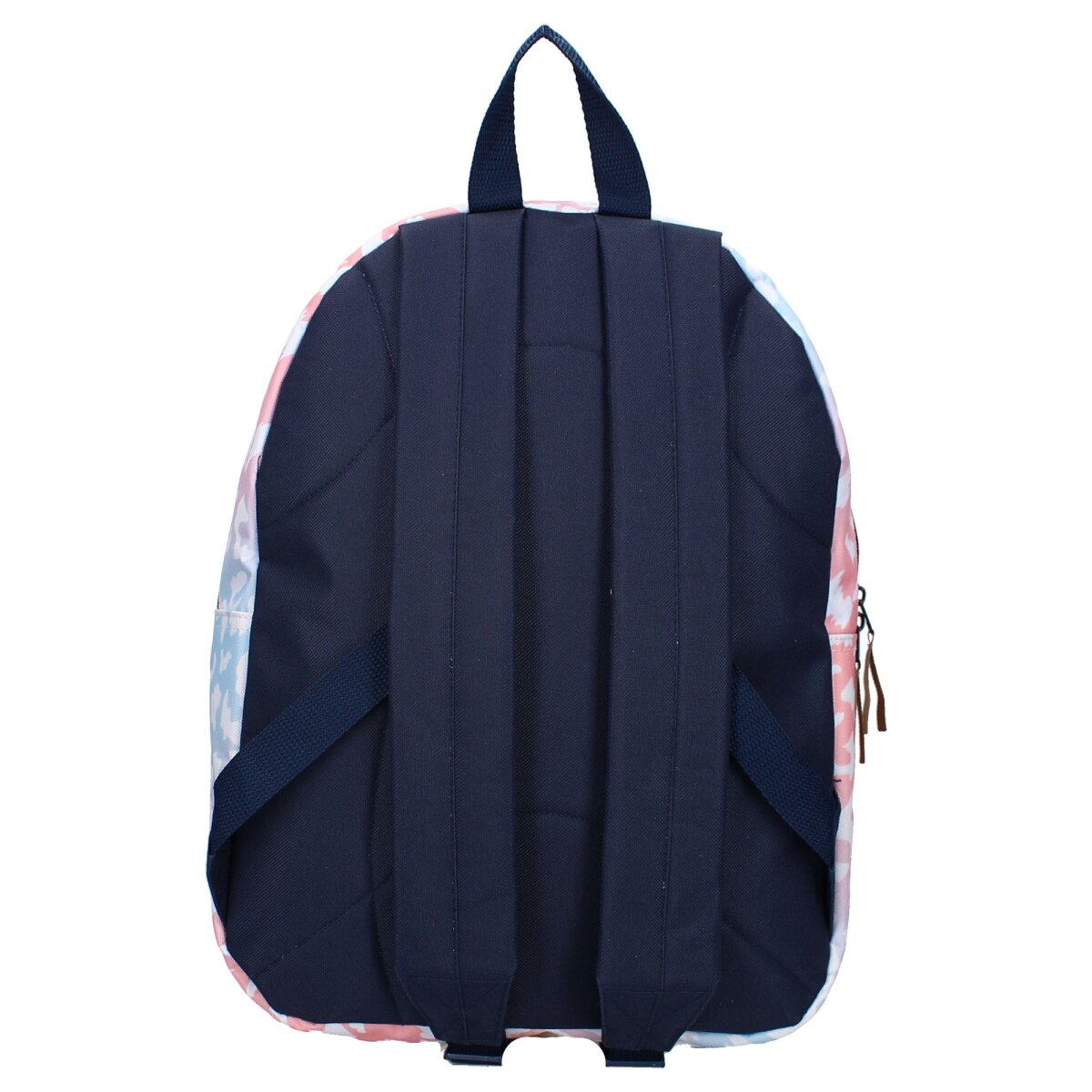 Rucksack auf weiß. Marineblau, mit bunten Blumenmuster auf der Vorderseite.
