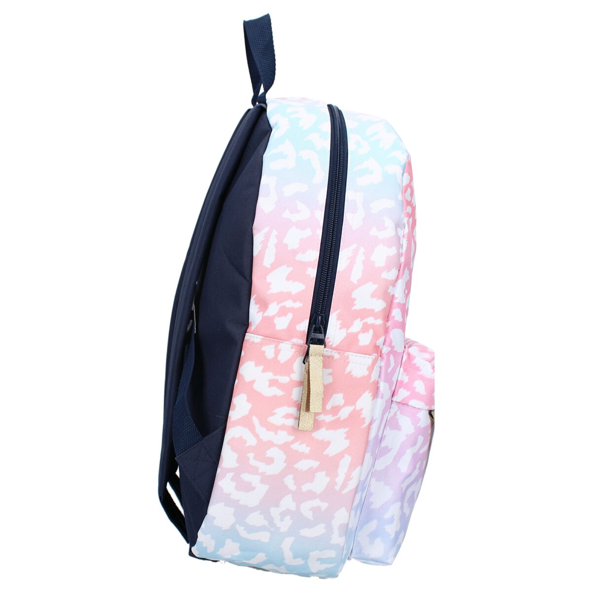 Seitenansicht eines Rucksacks mit einem Muster aus weißen Punkten auf rosa, blauem und lila Hintergrund.