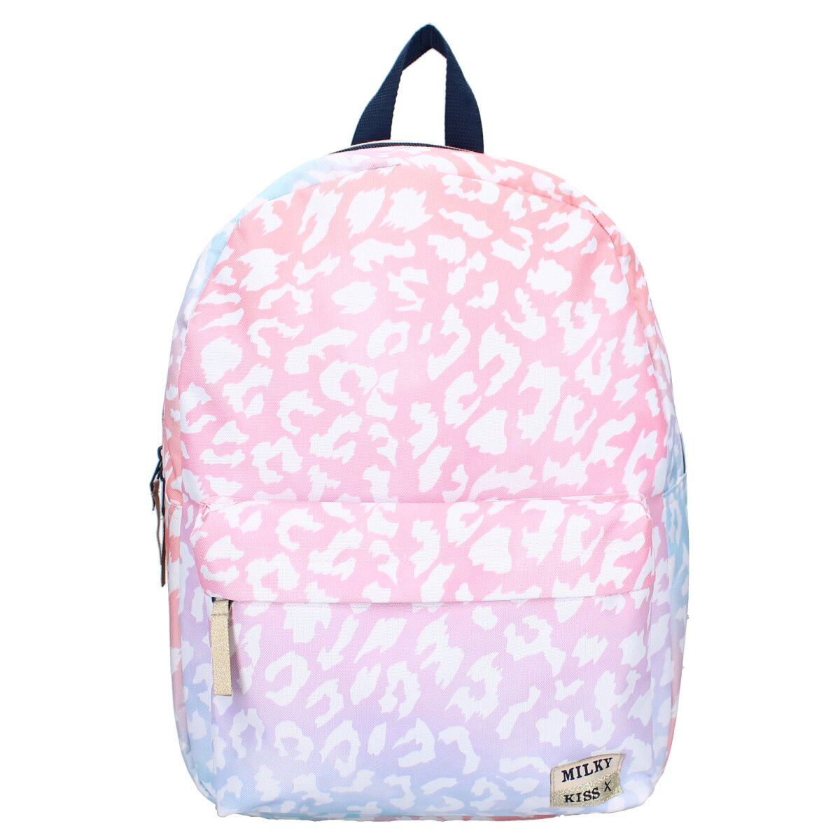 Ein Rucksack mit pinkem, weißem und blauem Leopardenmuster. Er hat eine Vordertasche.