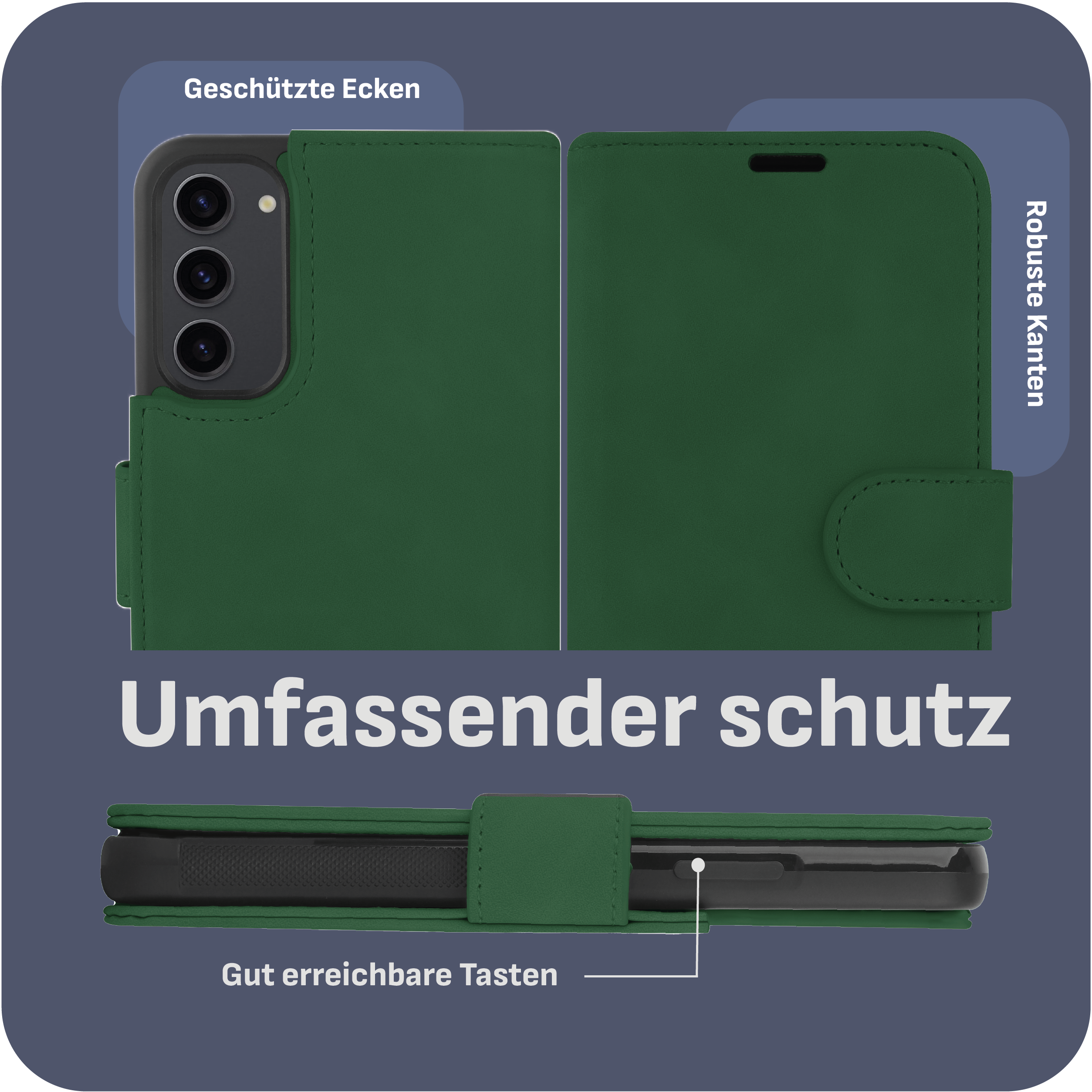 Eine grüne Handyhülle, geschlossen, mit Etiketten. Es hat einen schwarzen Kamerabereich.