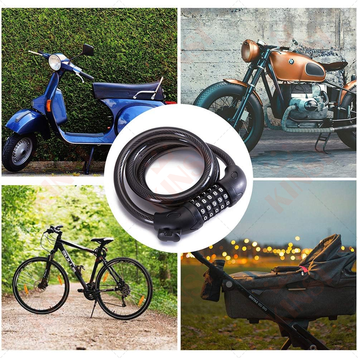 Collage: Fahrrad, Roller, Schloss und Motorrad. Gegenstände vor verschiedenen Hintergründen.