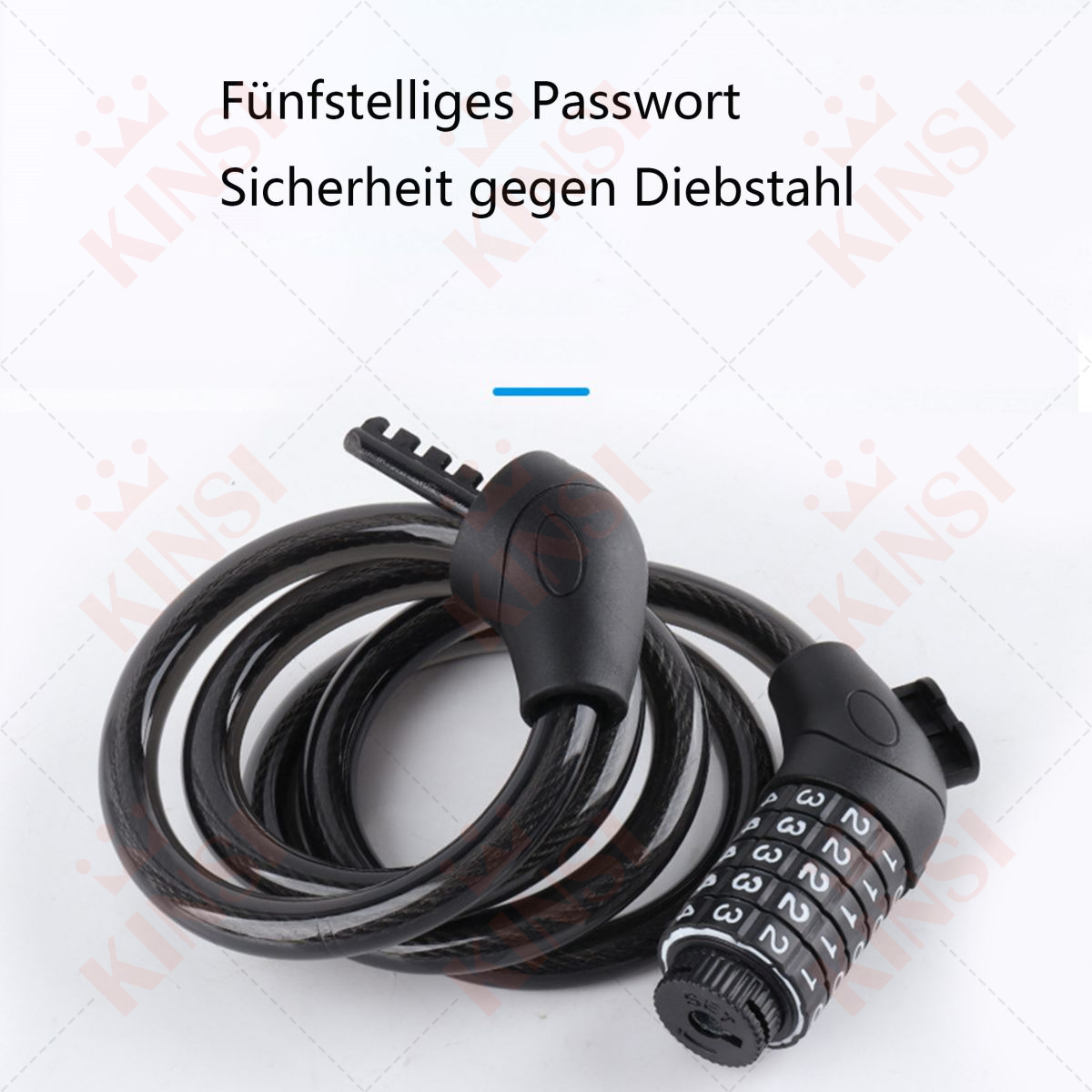 Schwarz-silbernes Zahlenschloss auf weißem Hintergrund, mit deutschem Text.