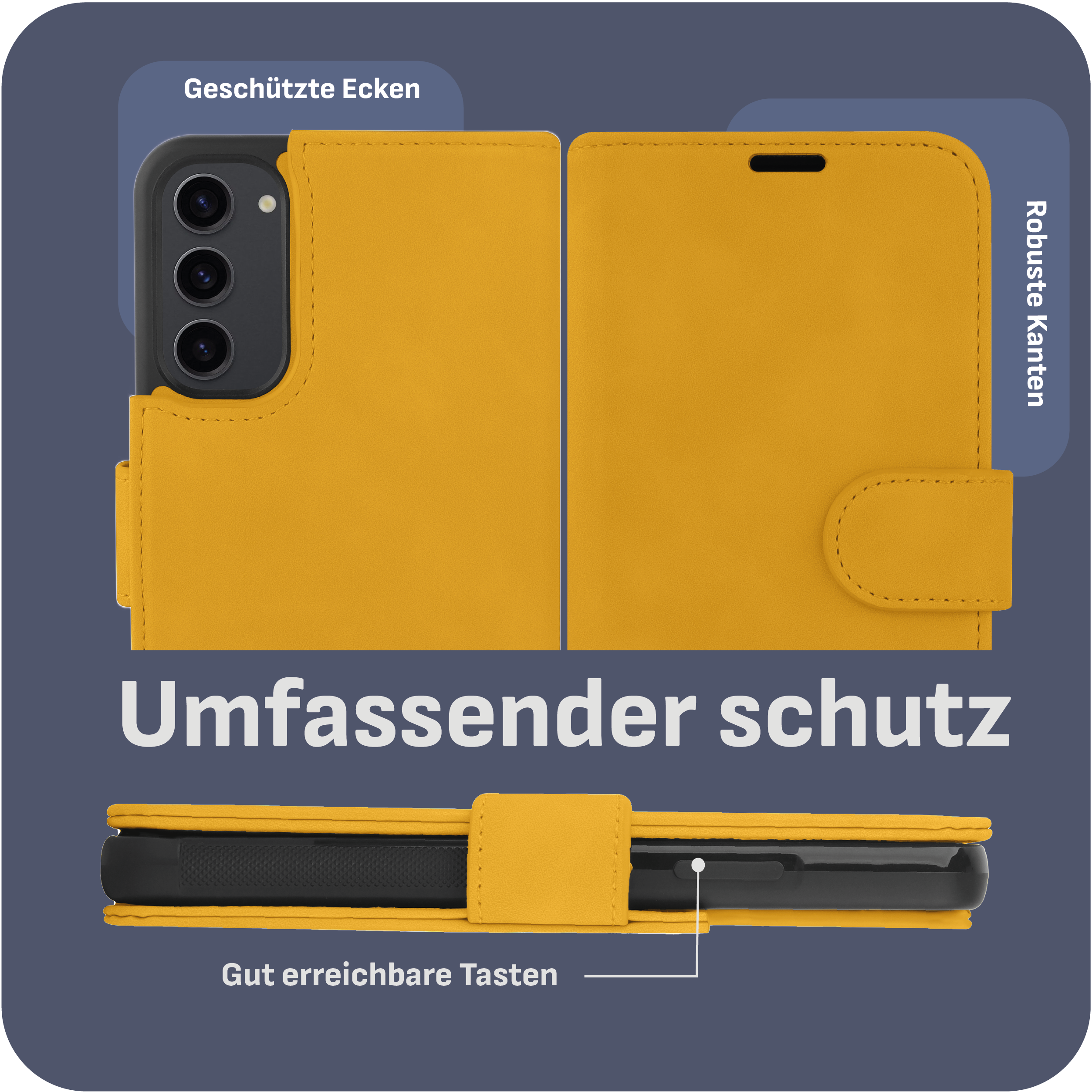 Geöffnete Handyhülle in Gelb. Telefon ist innen. Text sagt 'Umfassender Schutz' und 'Robuste Kanten'.
