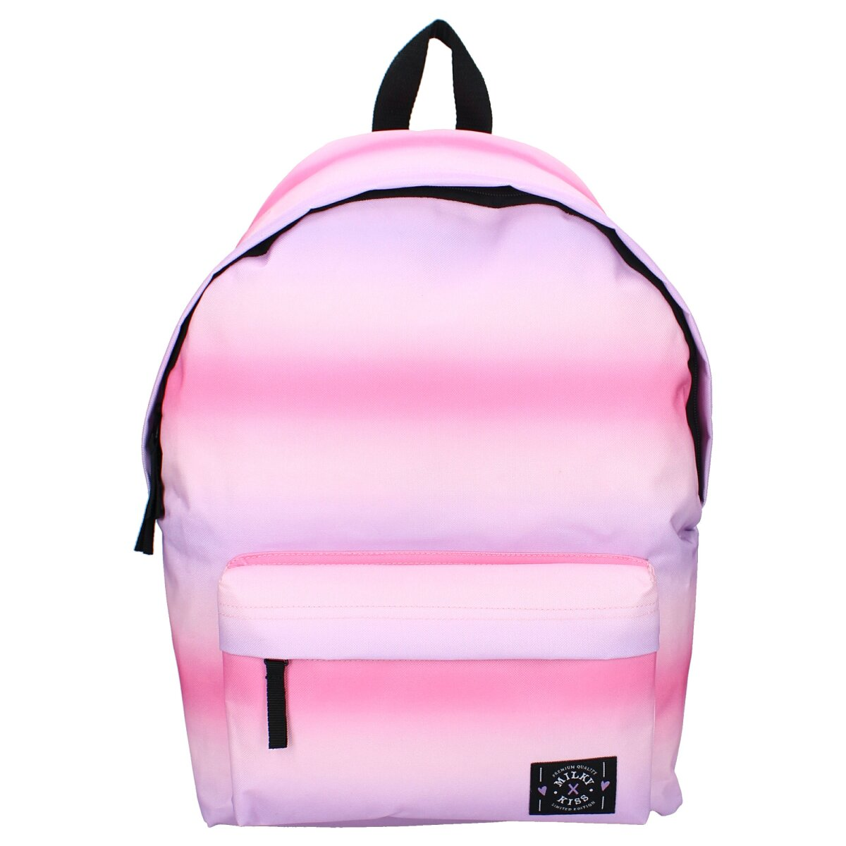 Rosa und lila Ombre-Rucksack mit Vordertasche und Logo.
