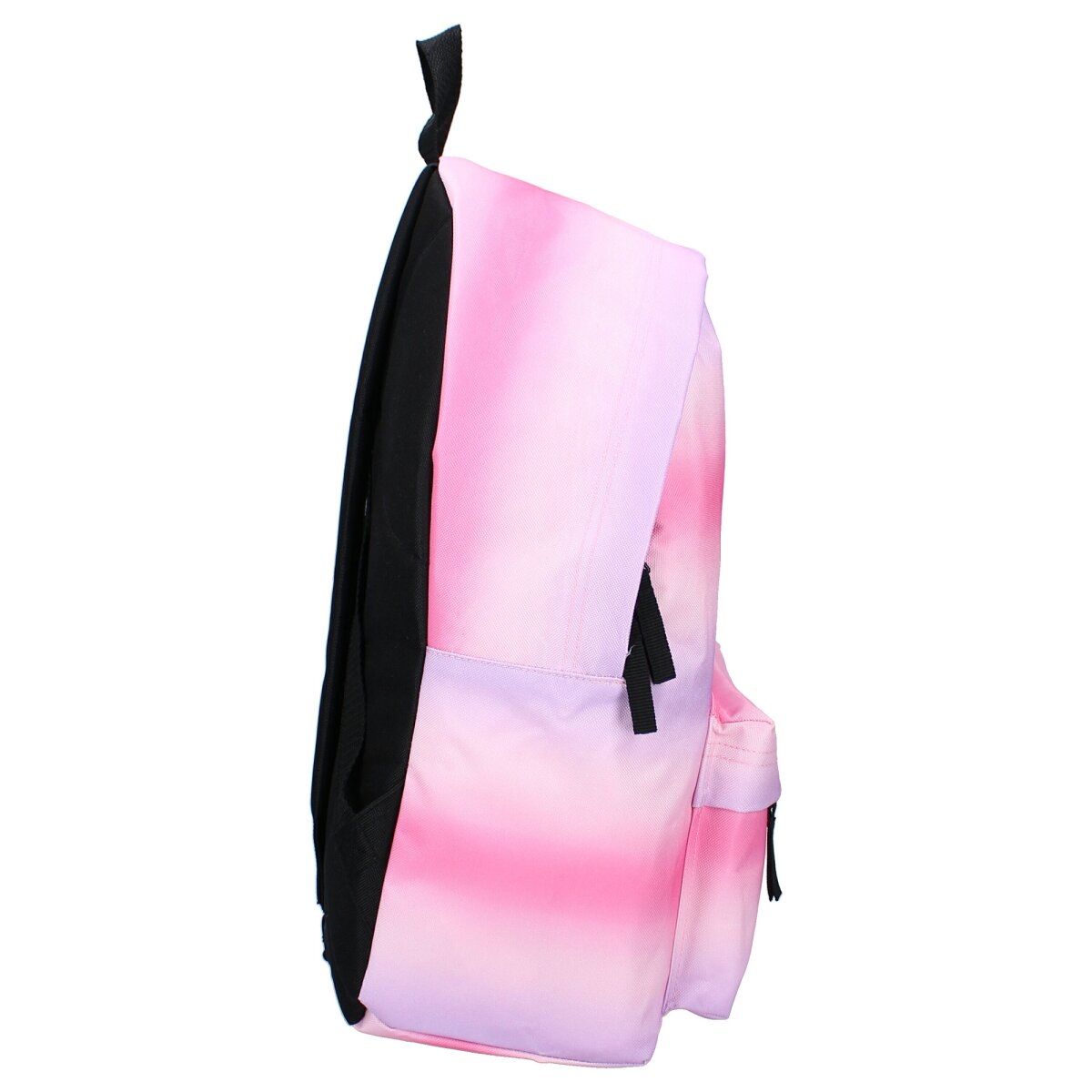 Pinker Farbverlauf-Rucksack, Seitenansicht, schwarze Gurte und kleine Vordertasche.