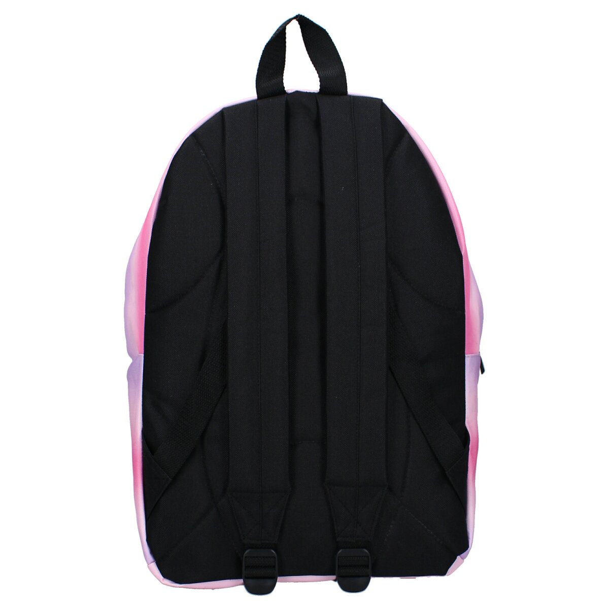 Rucksack mit rosa und lila Design, schwarzen Trägern und Rücken. Oberer Griff und zwei untere Riemen.