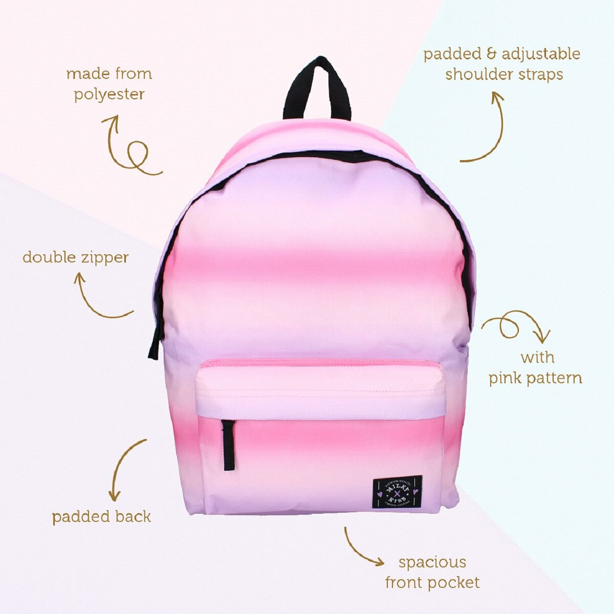 Pinker Rucksack mit pink-lila Farbverlauf, weißen Textanmerkungen, schwarze Details.