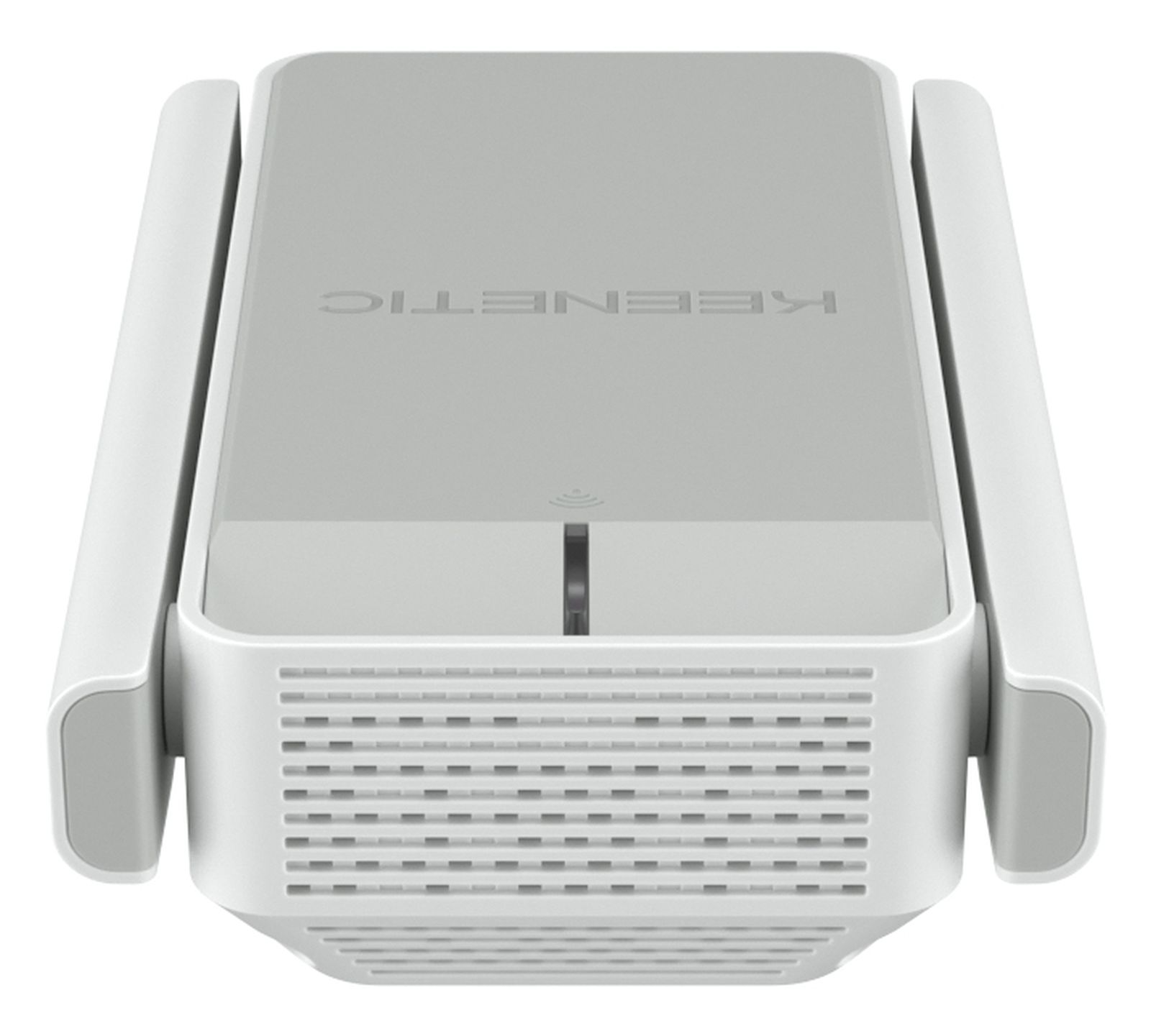 Ein weißer und grauer Keenetic Router. Es hat Antennen auf jeder Seite und ein Lüftungsgitter unten.