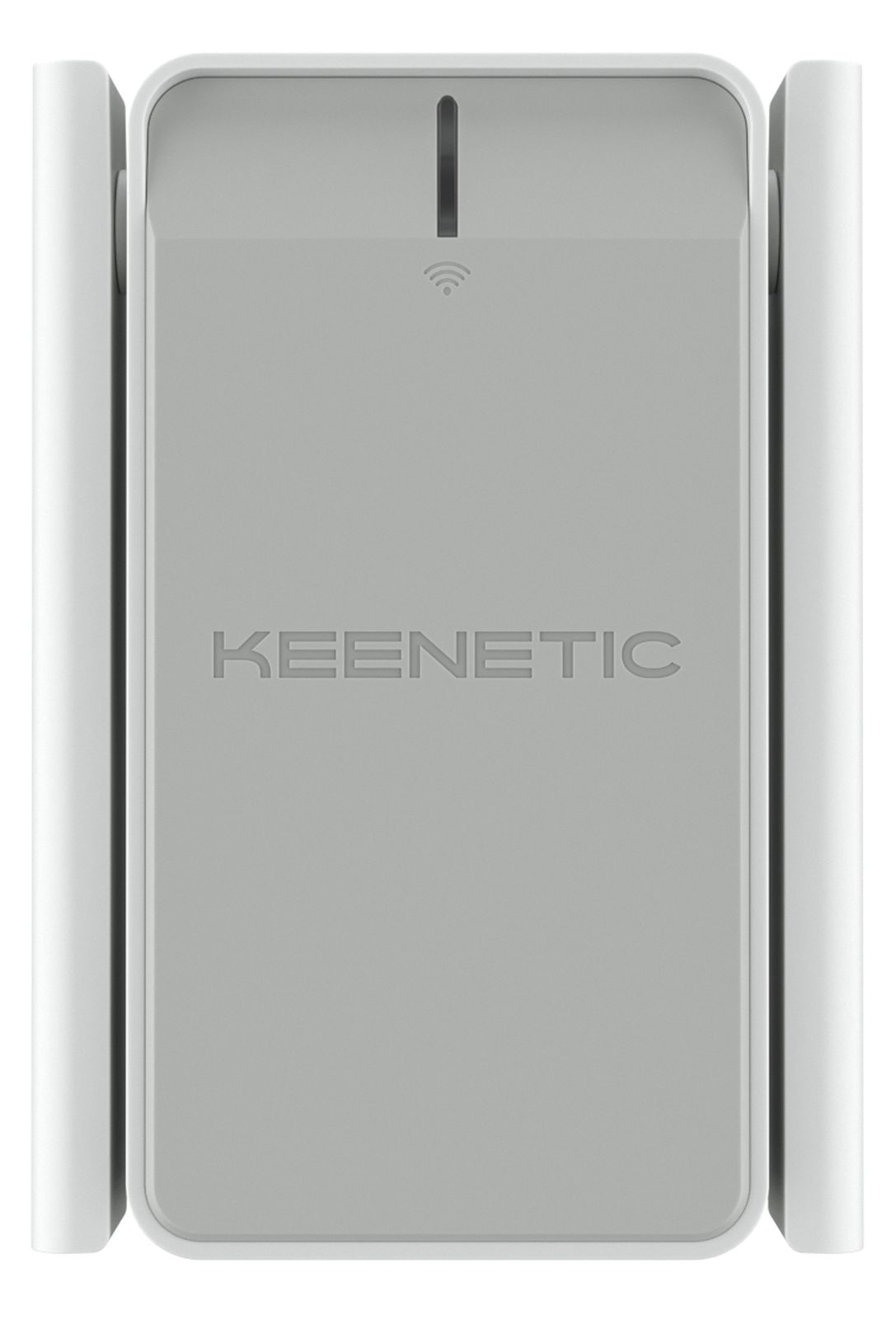 Ein hellgrauer Keenetic Router. Das Keenetic-Logo ist zentriert. Weiße Antennen befinden sich an den Seiten.