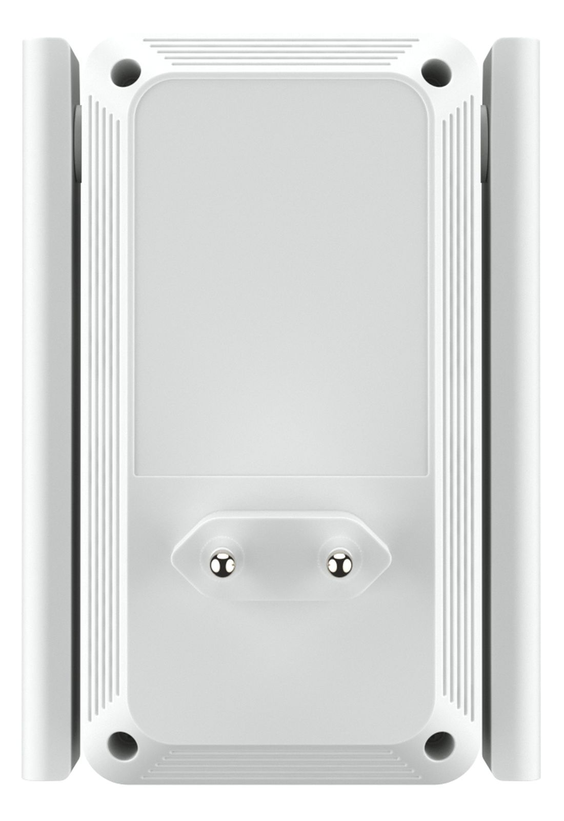 Weißer Netzadapter mit zwei Stiften und zwei Antennen, die sich seitlich erstrecken.