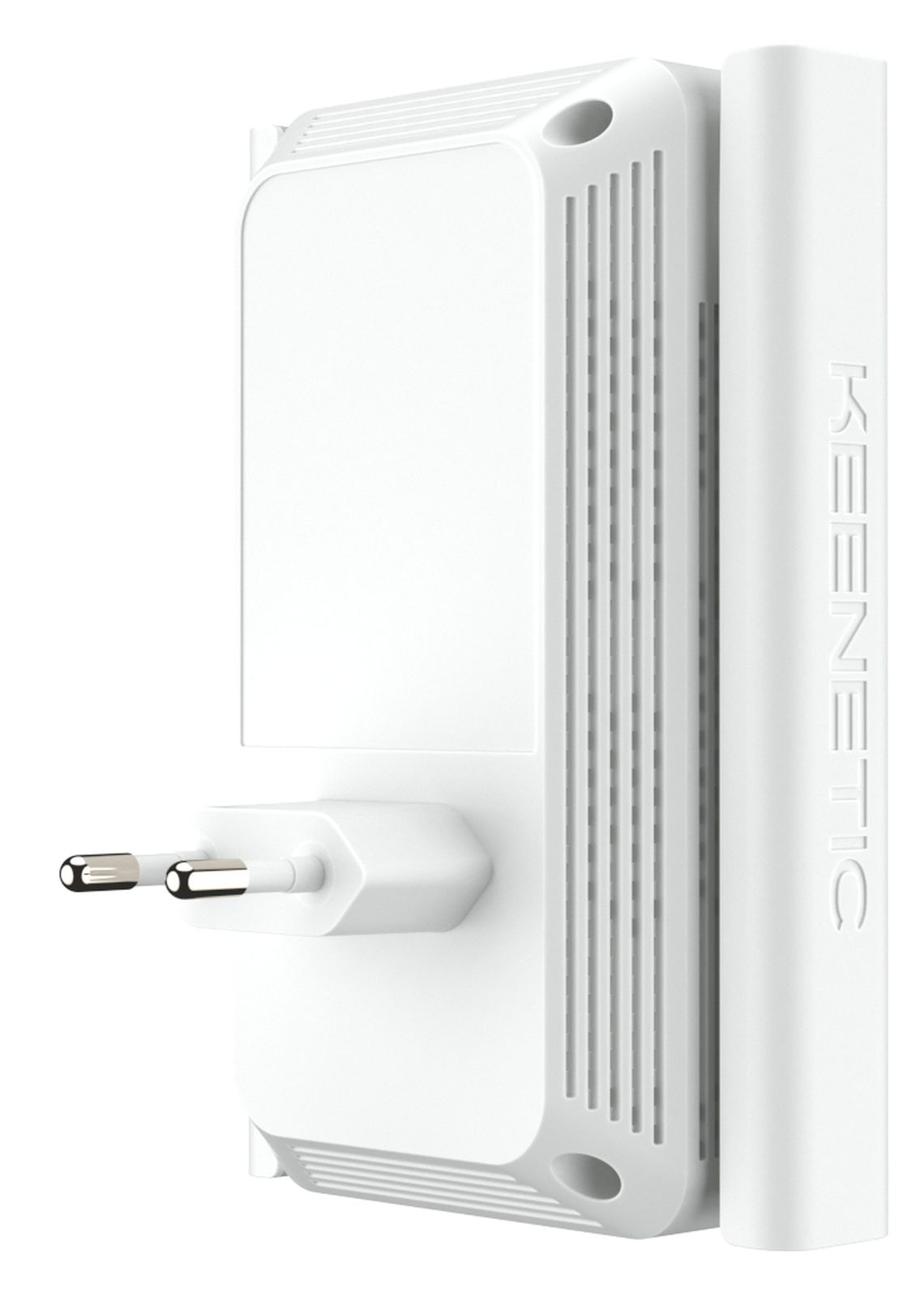 Ein weißer Netzadapter mit zwei Stiften. Er hat einen weißen Körper und eine hellgraue Seite mit Text.