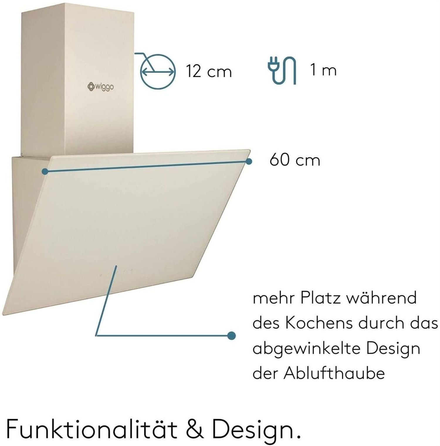 Hotte de cuisine crème avec étiquettes de dimensions. Texte: Fonctionnalité et Design.