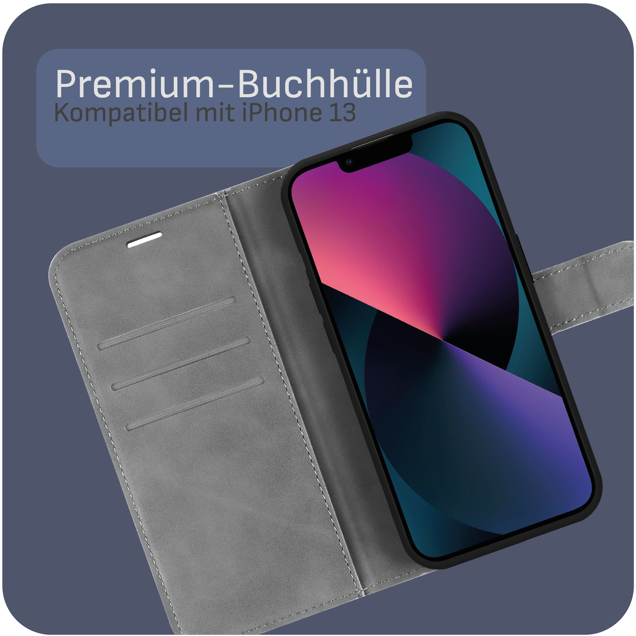 Handyhülle mit iPhone 13, Text: Premium-Buchhülle, Kompatibel mit iPhone 13.