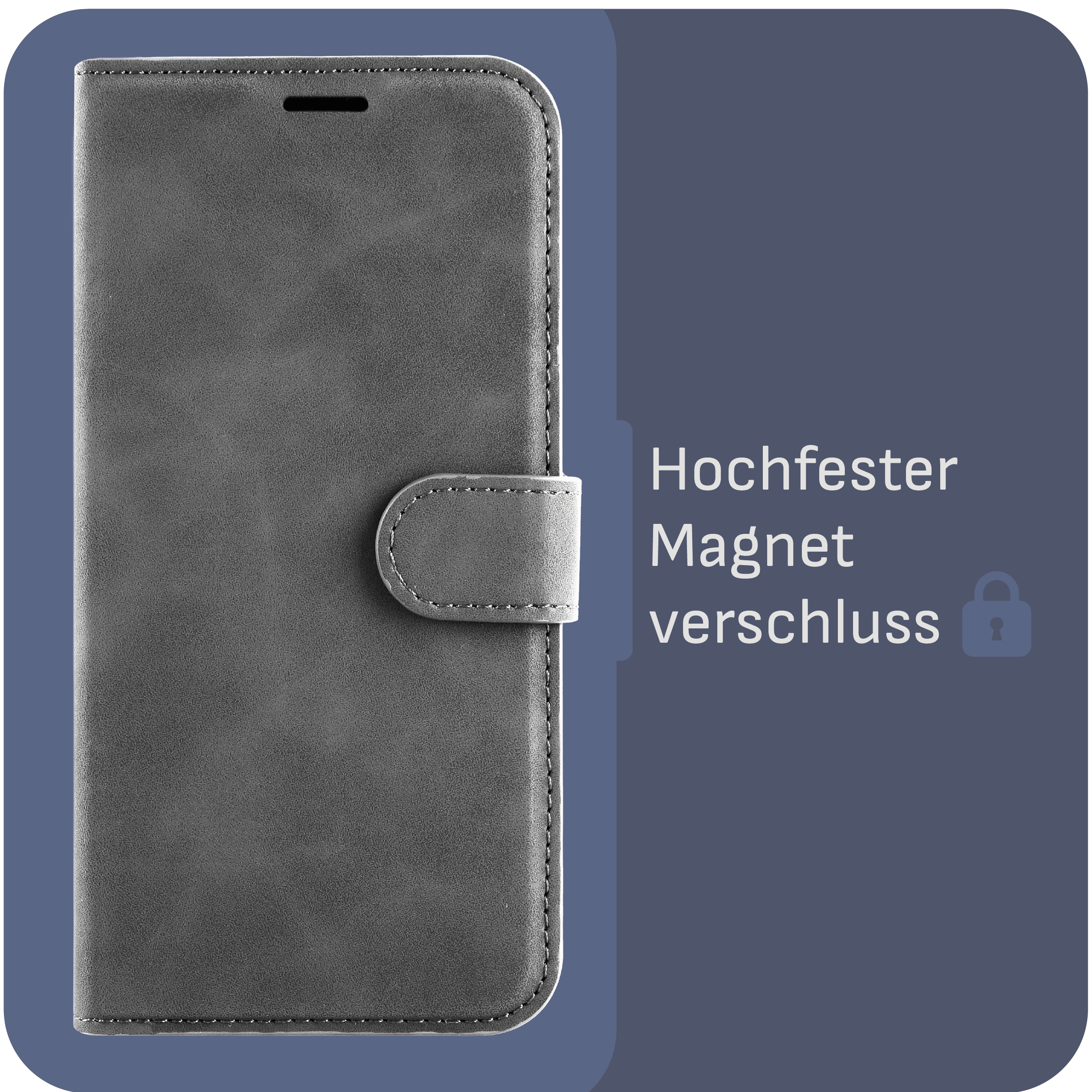 Graue Handyhülle geschlossen, Magnetverschluss. Text: Hochfester Magnetverschluss. Schloss-Icon.