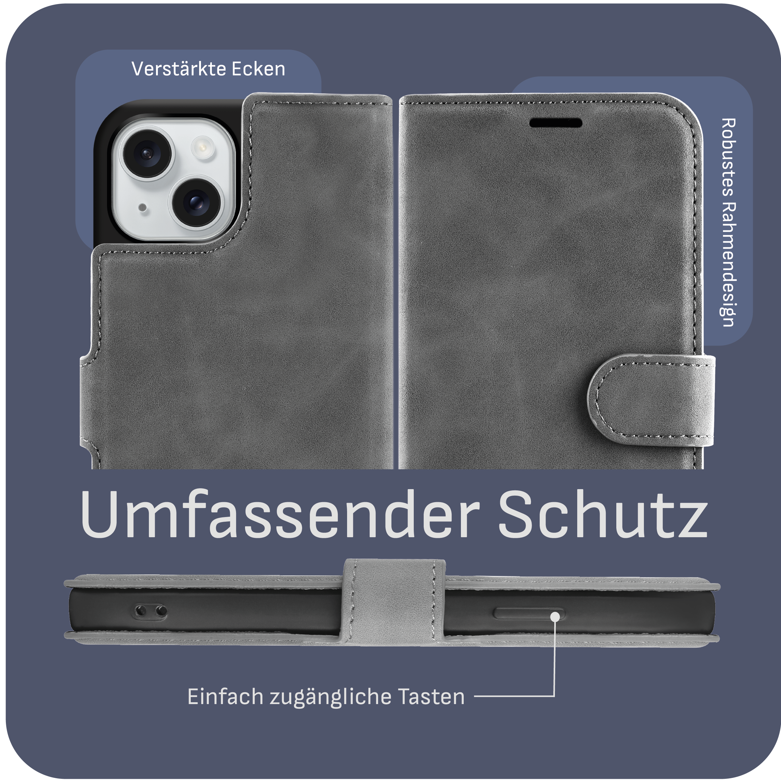 Graue Handyhülle, geöffnet. Zeigt die Rückseite des Telefons mit Kamera und umgebendem Text sowie Gehäusefunktionen.