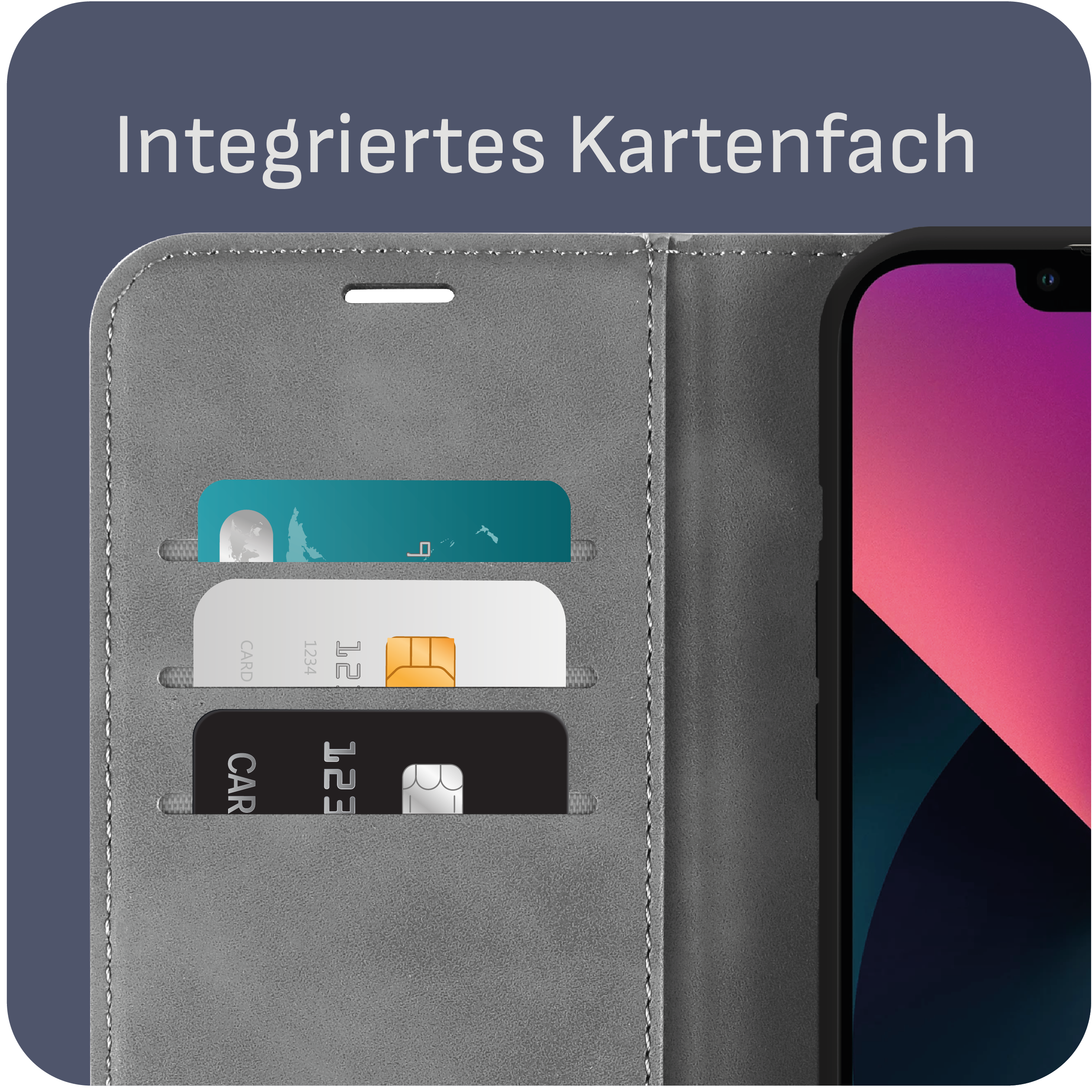Graue Handyhülle mit Kartenfächern. Drei Karten sichtbar; türkis, weiß und schwarz.