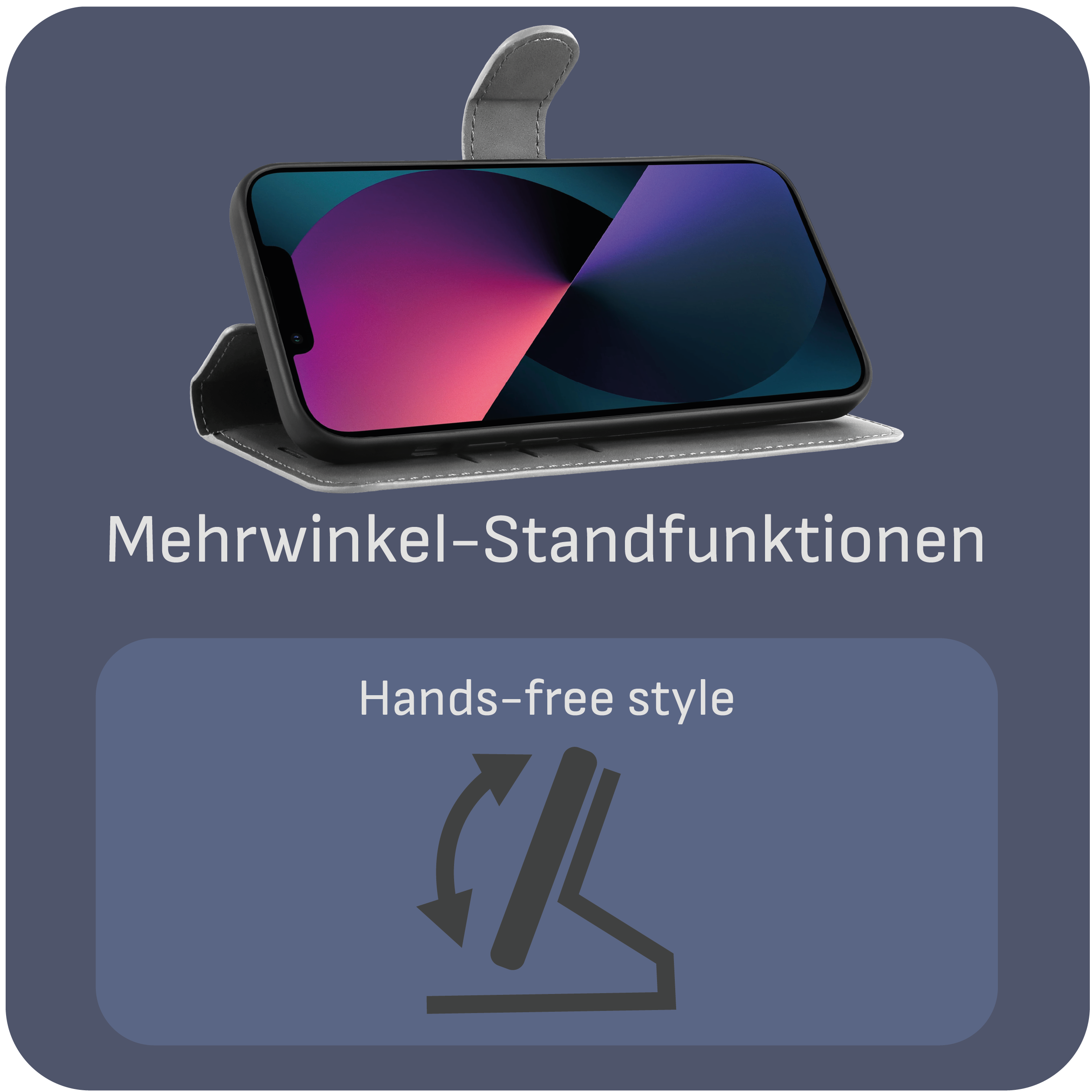 Ein Telefon in einem Ständer, das einen Bildschirminhalt zeigt, vor schwarzem Hintergrund.