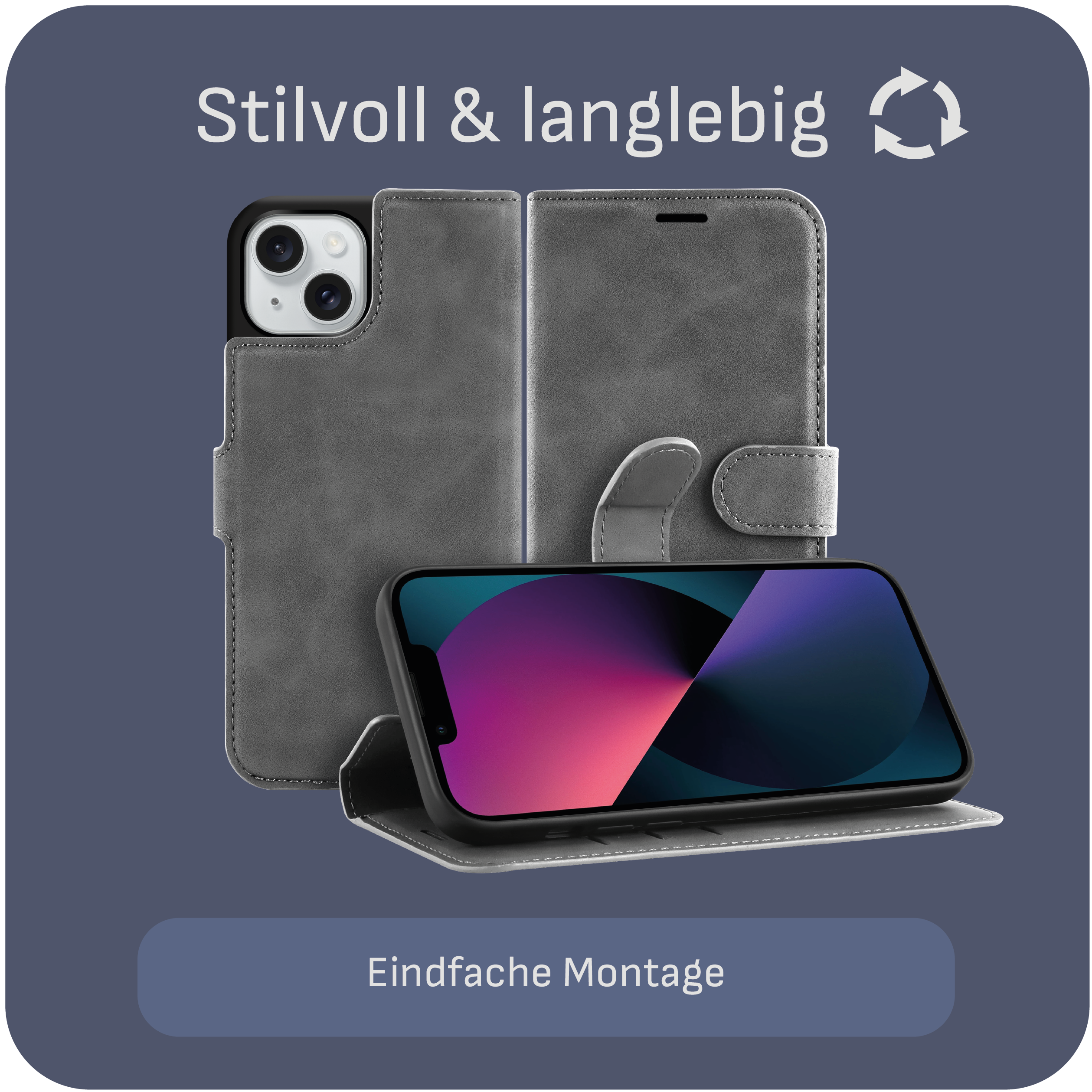 Graue Handyhülle, geöffnet, mit Telefon und Text 'Einfache Montage'.