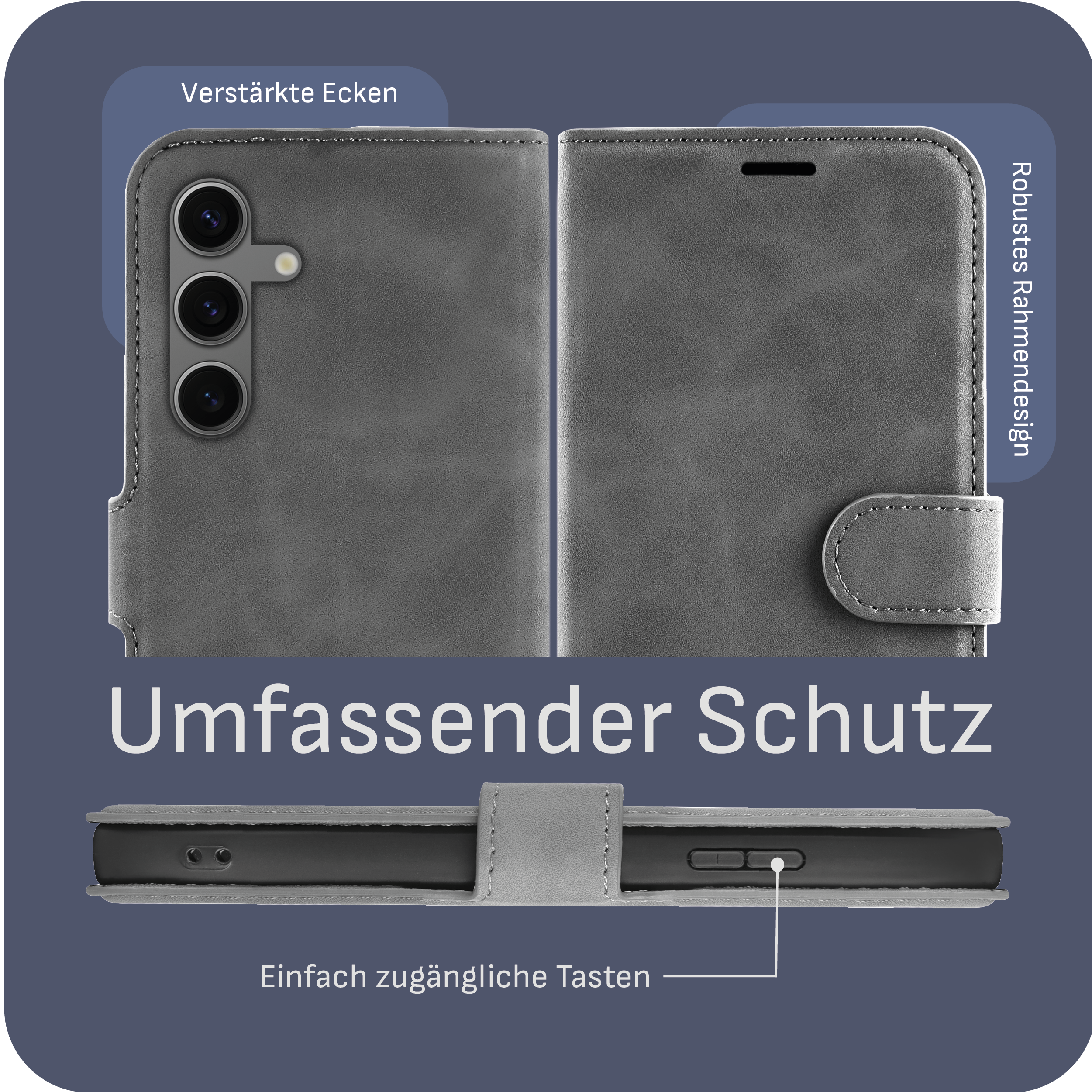 Graue Handyhülle, geöffnet und die Innenseite zeigend. Die Worte „Umfassender Schutz“ sind darauf geschrieben.