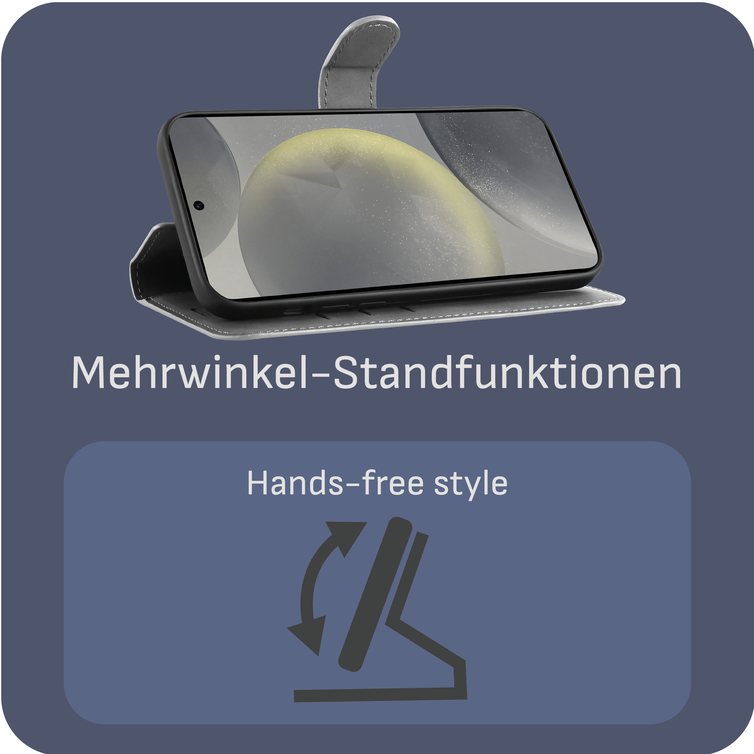 Telefon in einer Hülle auf einem Ständer. Graue Hülle, schwarzes Telefon, dunkler Hintergrund, Text.
