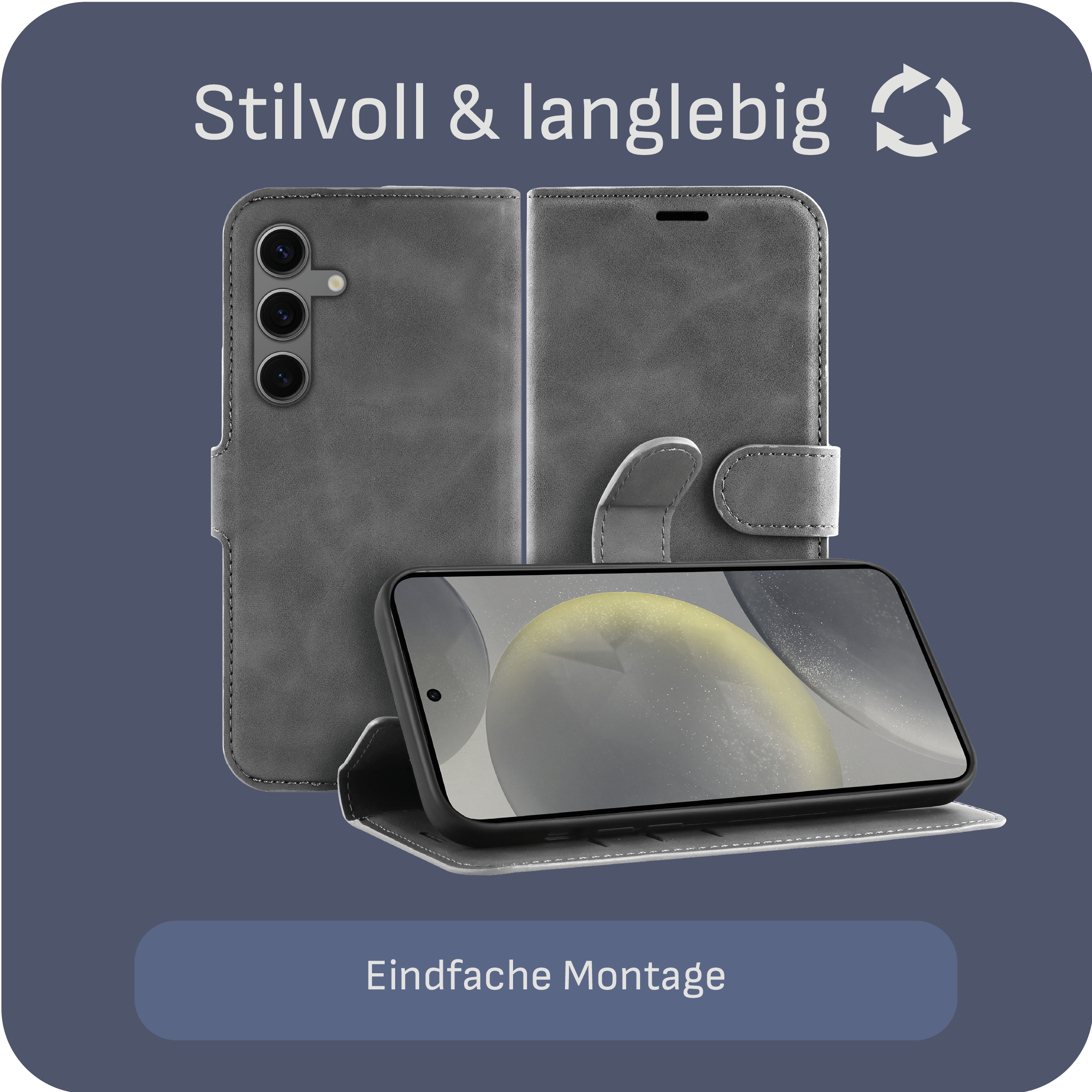 Eine graue Handyhülle mit einem Telefon darin. Die Hülle hat einen Magnetverschluss. Ein Telefon ist sichtbar.