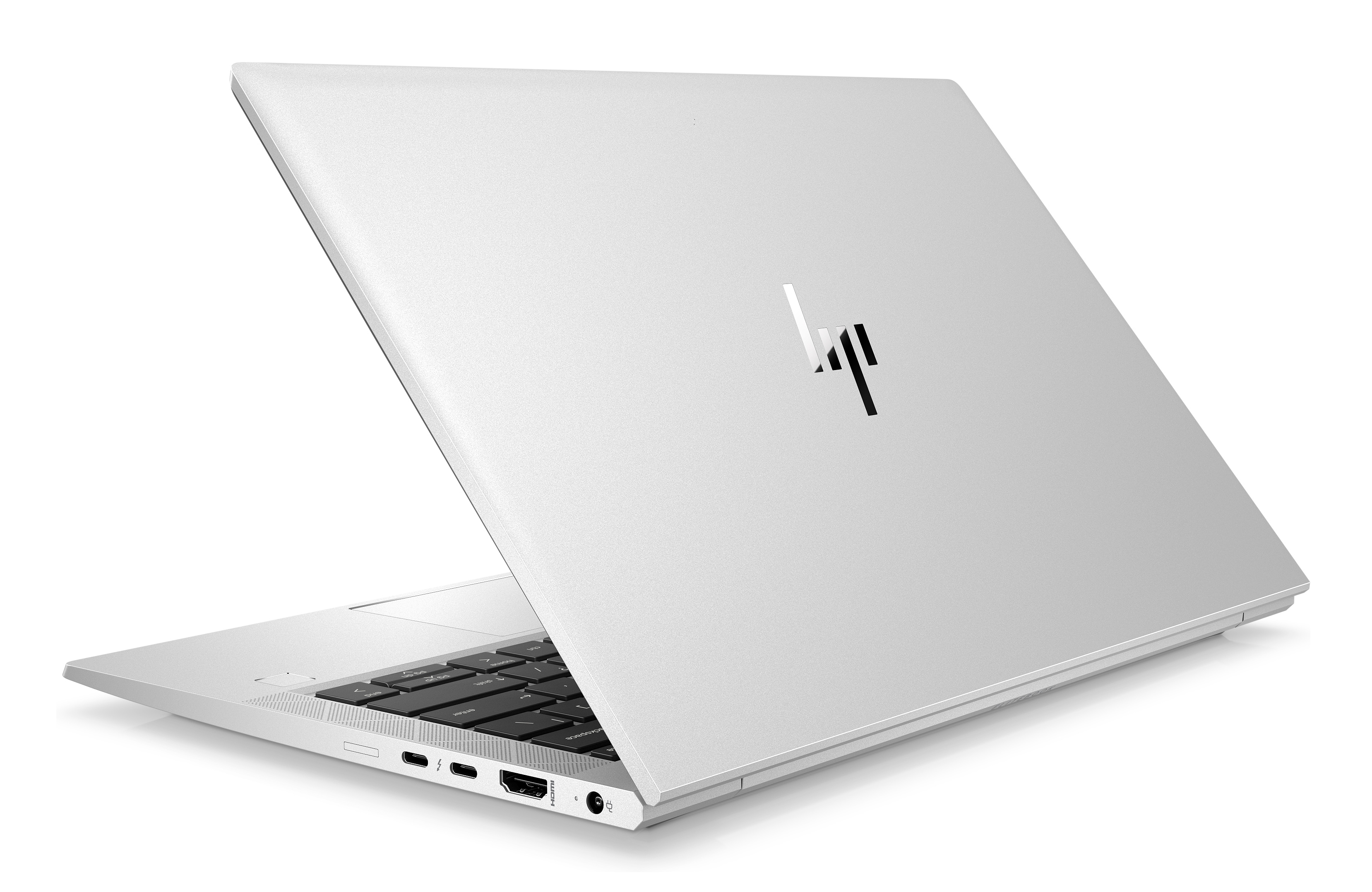Silberner Laptop ist geöffnet. Die Rückseite hat das HP-Logo. Der Bildschirm ist leicht geöffnet. Tastatur sichtbar.