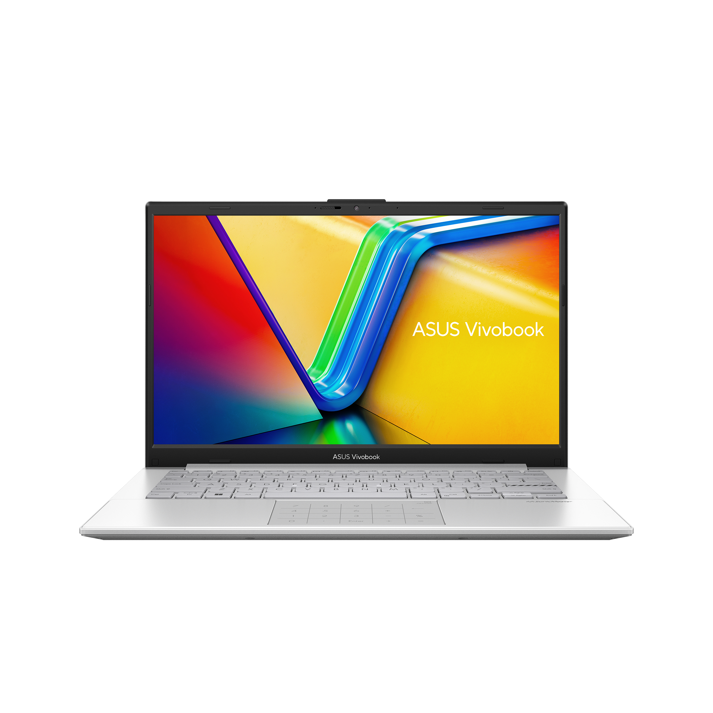 Un ordinateur portable argenté avec un écran coloré affichant le texte 'ASUS Vivobook'.