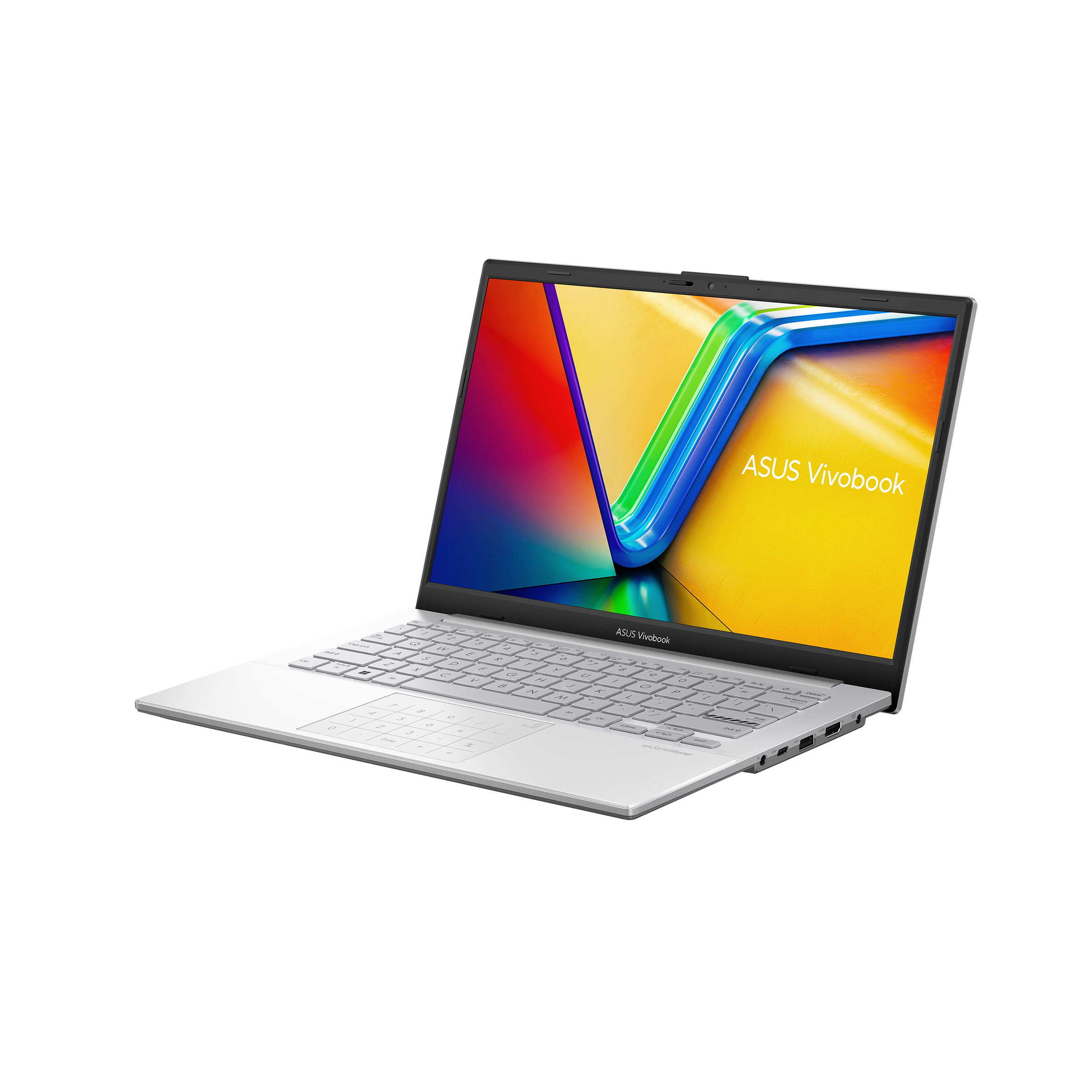 Ordinateur portable argenté avec un écran noir affichant le logo ASUS Vivobook, sur fond blanc.