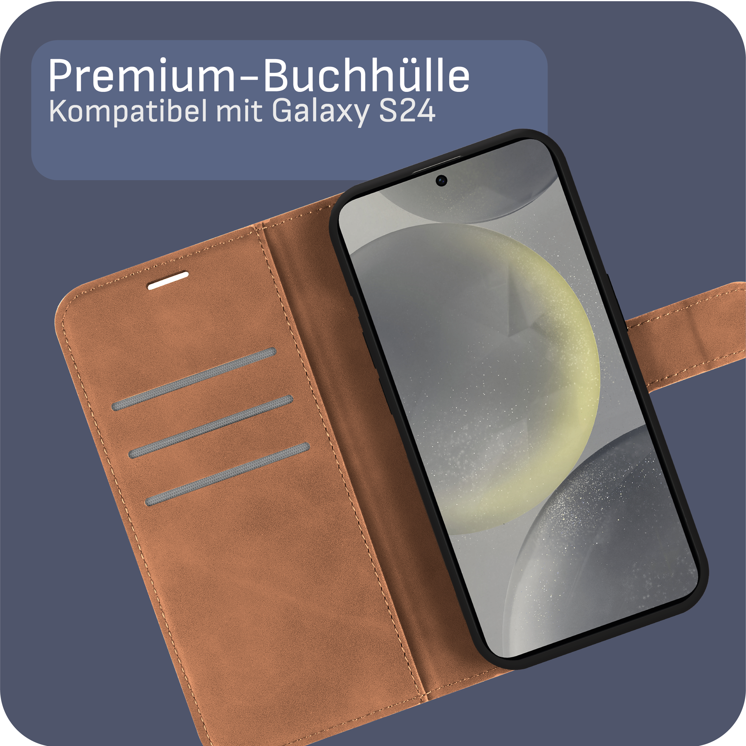Braune Leder-Handyhülle mit Telefon darin, Text oben.