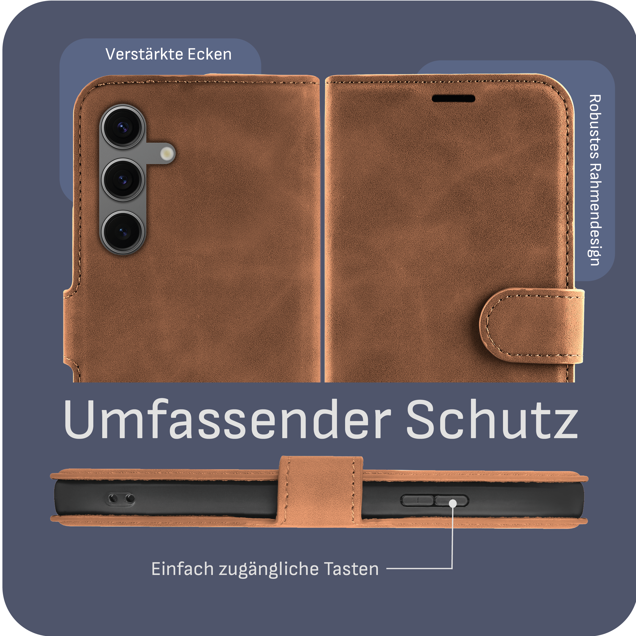 Braune Handyhülle mit Telefon, beschriftet 'Umfassender Schutz'.