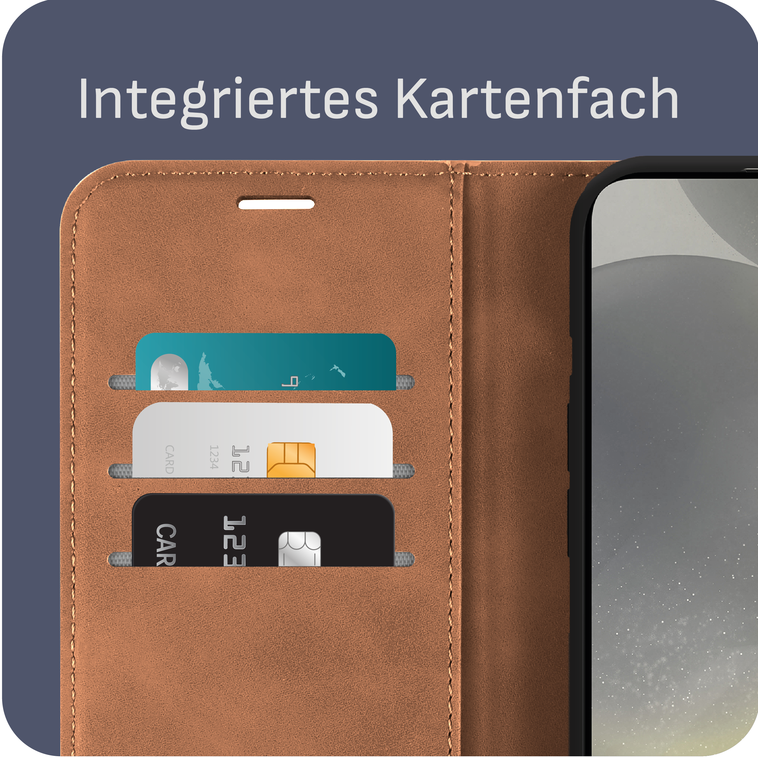 Leder-Handyhülle mit Karten in Schlitzen. Drei Kreditkarten.