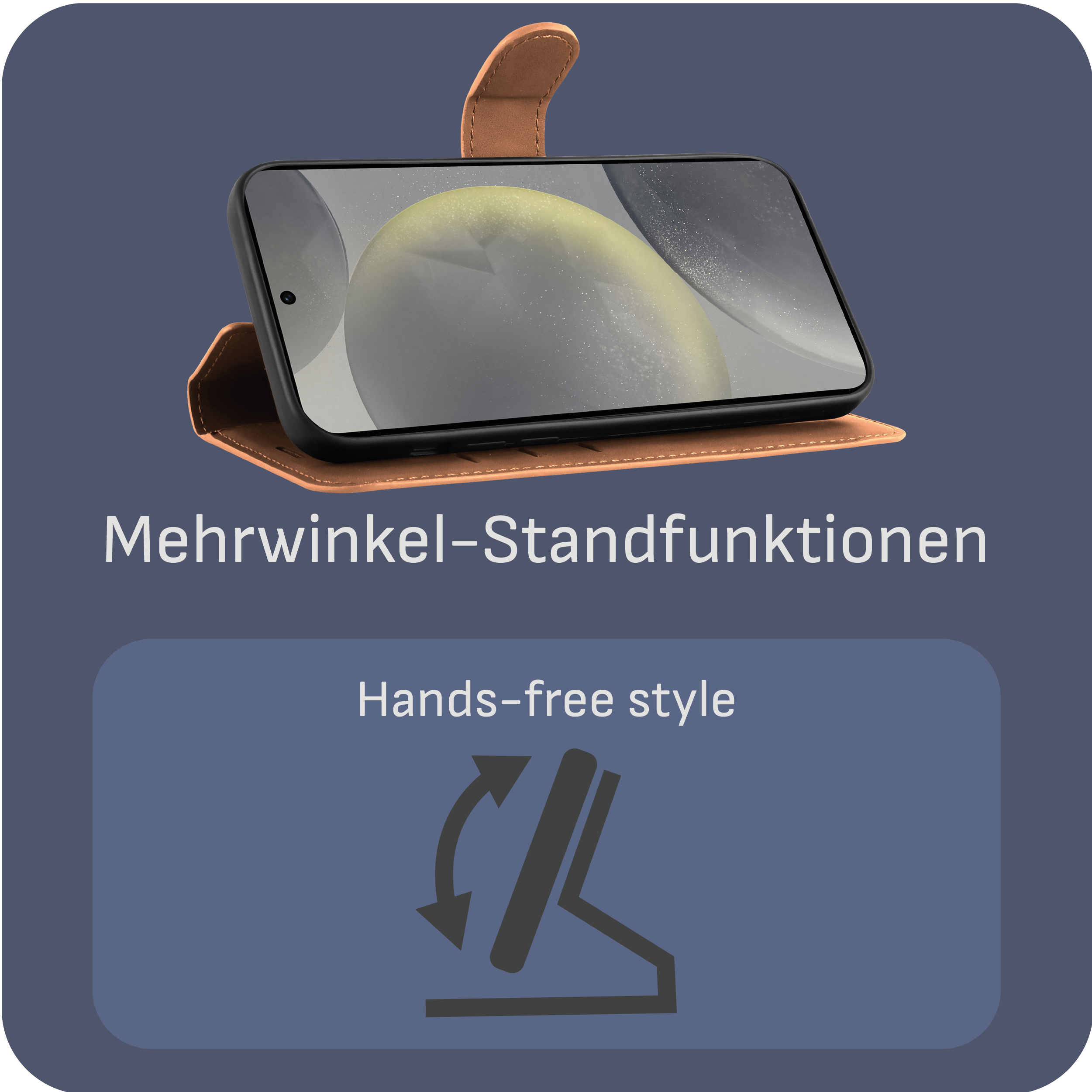 Handyhülle mit Telefon, braune Abdeckung, auf blauem Hintergrund, mit deutschem Text.