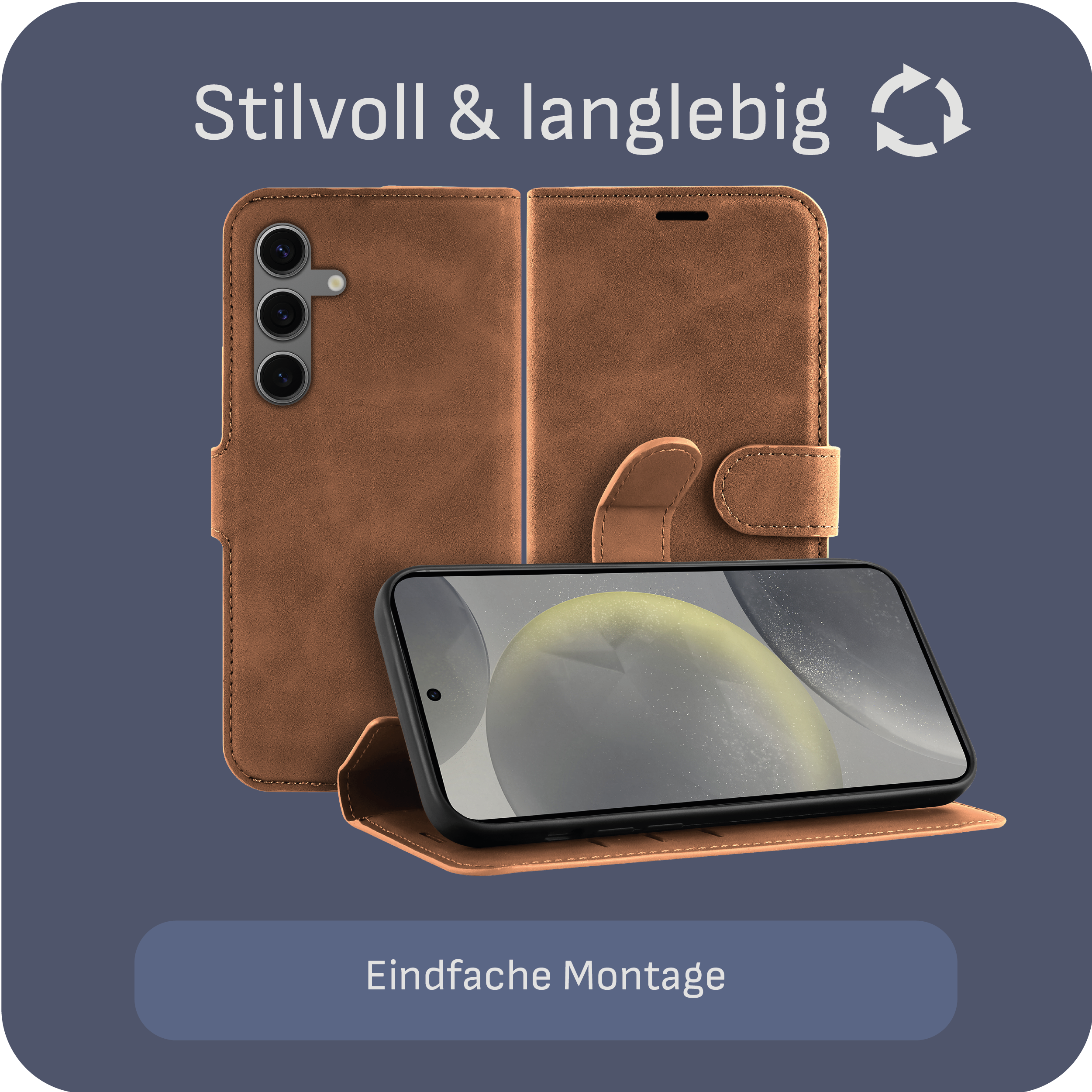 Offene braune Handyhülle mit Handy. Text: Stilvoll & langlebig, Einfache Montage.