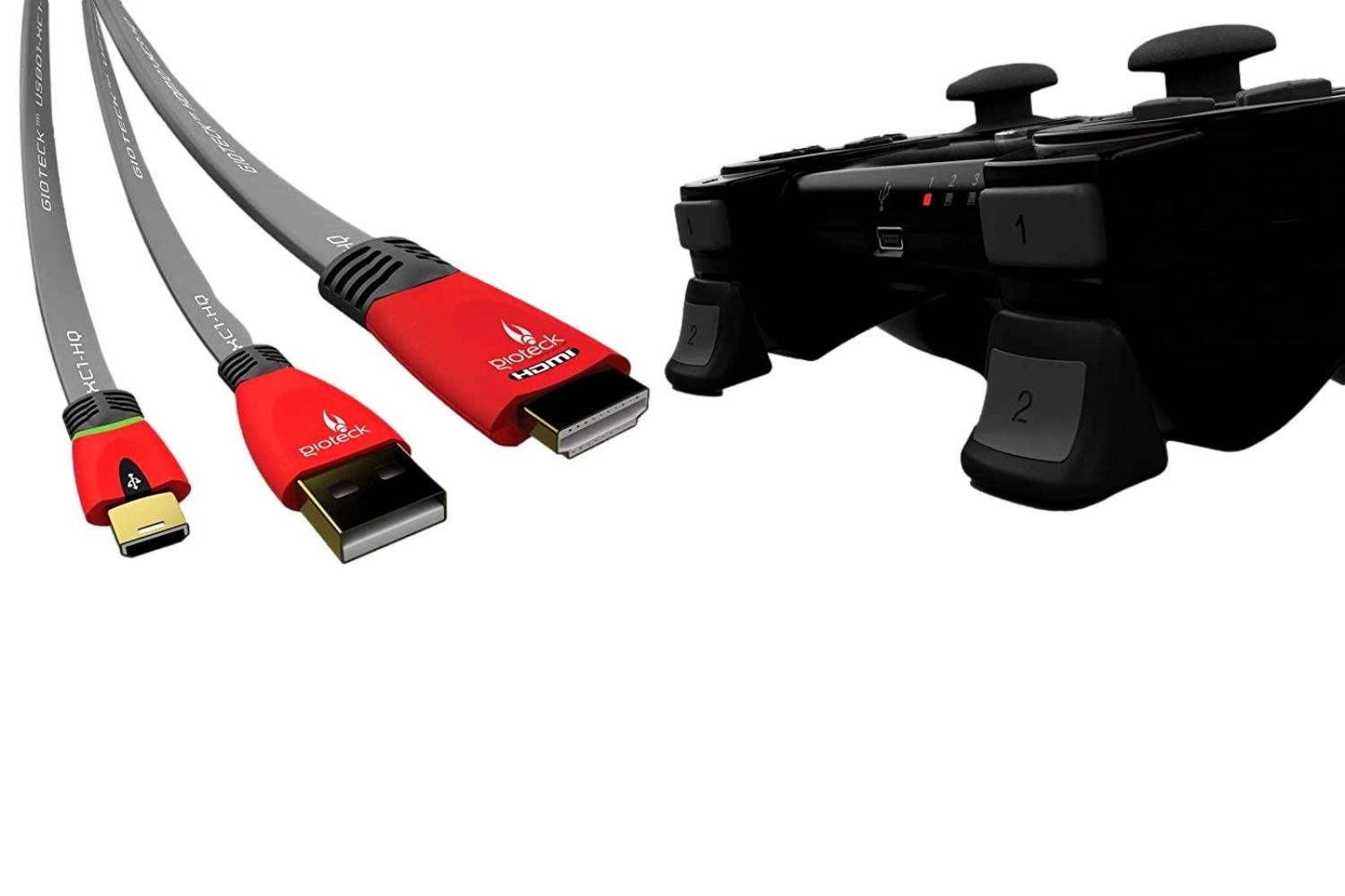 Gaming-Controller mit Kabeln und Halterung. Grau, rot. Weißer Hintergrund.