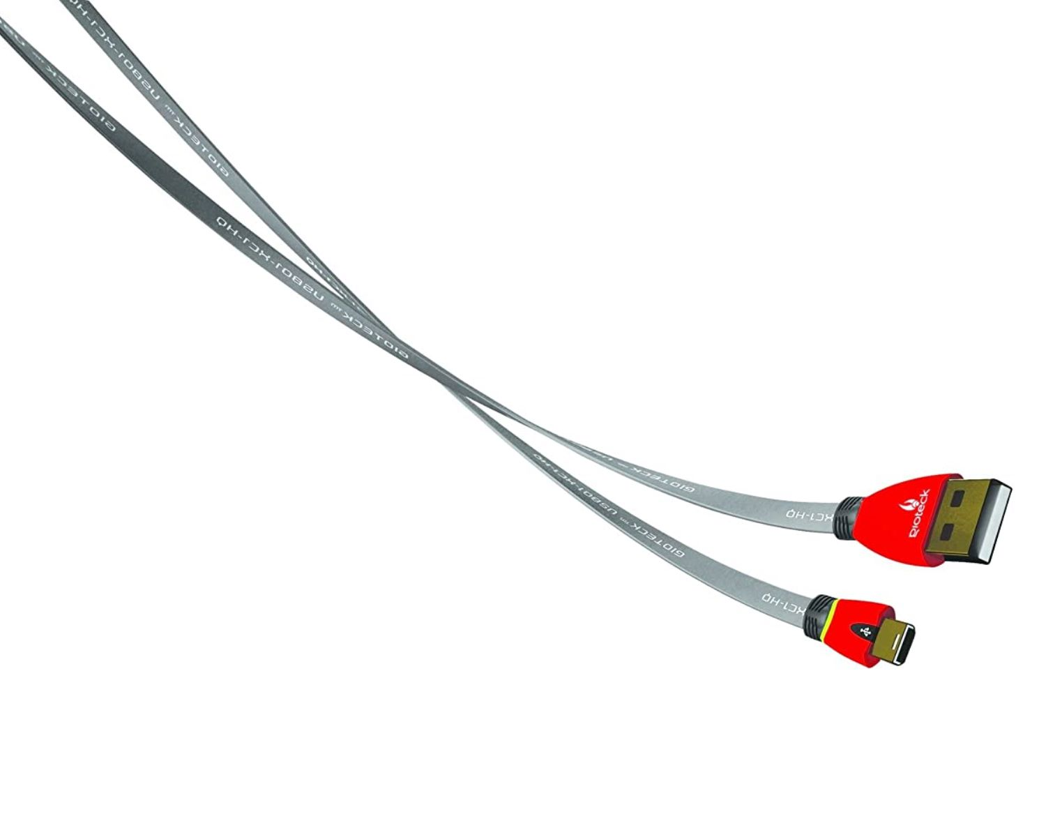Zwei graue USB-Kabel mit roten und gelben Steckern, weißer Hintergrund.