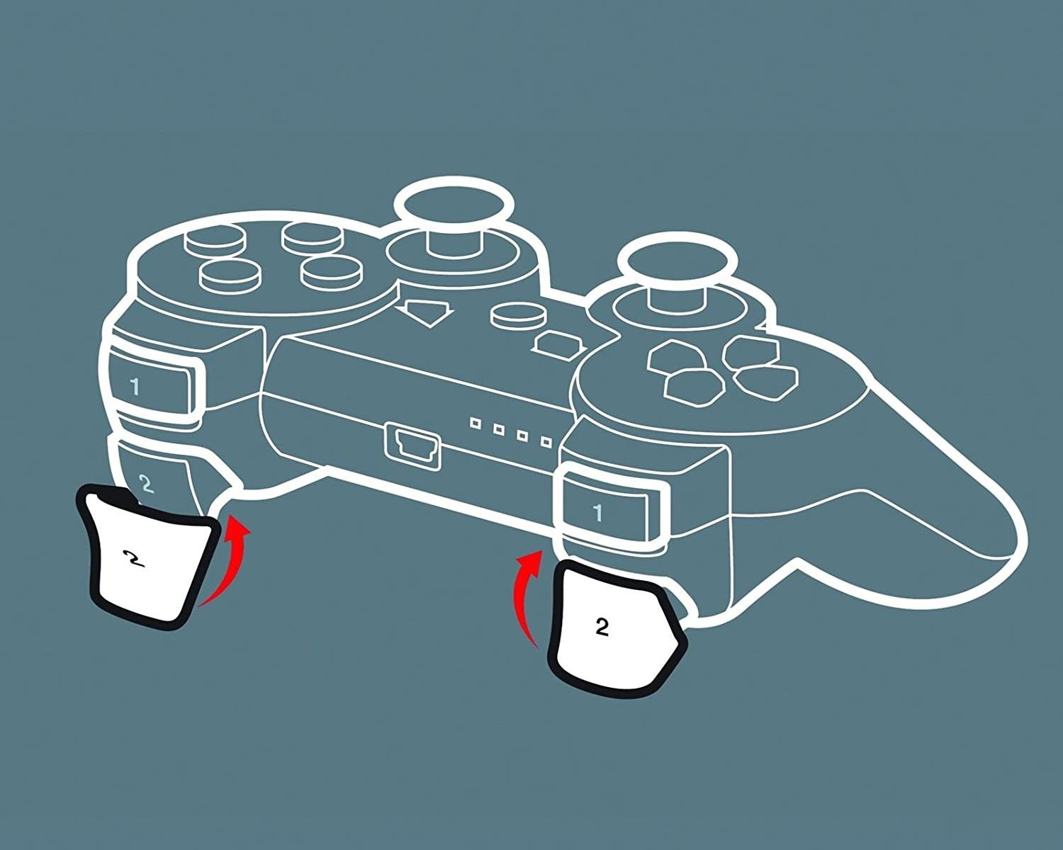 Eine Illustration, die zeigt, wie man die Seitenteile eines schwarzen Gamecontrollers entfernt und ersetzt.