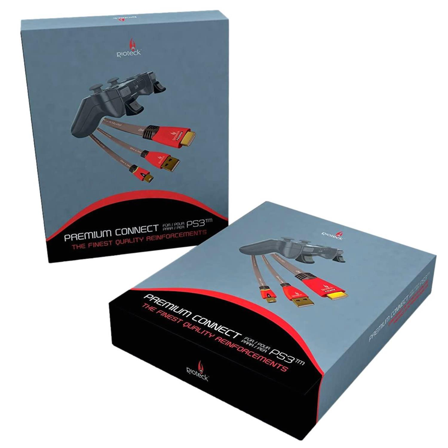 Zwei Boxen mit gleichem Design. Sie haben einen Controller, Kabel und den Text 'Premium Connect'.
