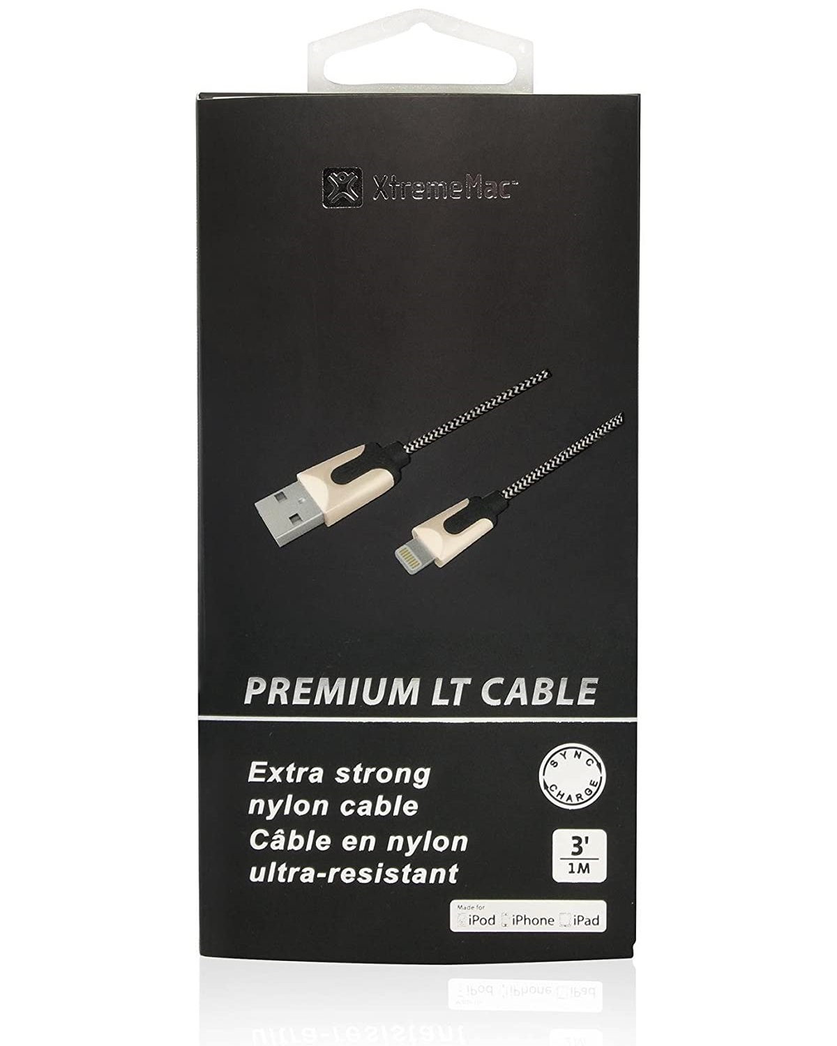 Schwarze und beige Kabelbox. USB- und Lightning-Kabel sichtbar. Weißer Hintergrund.