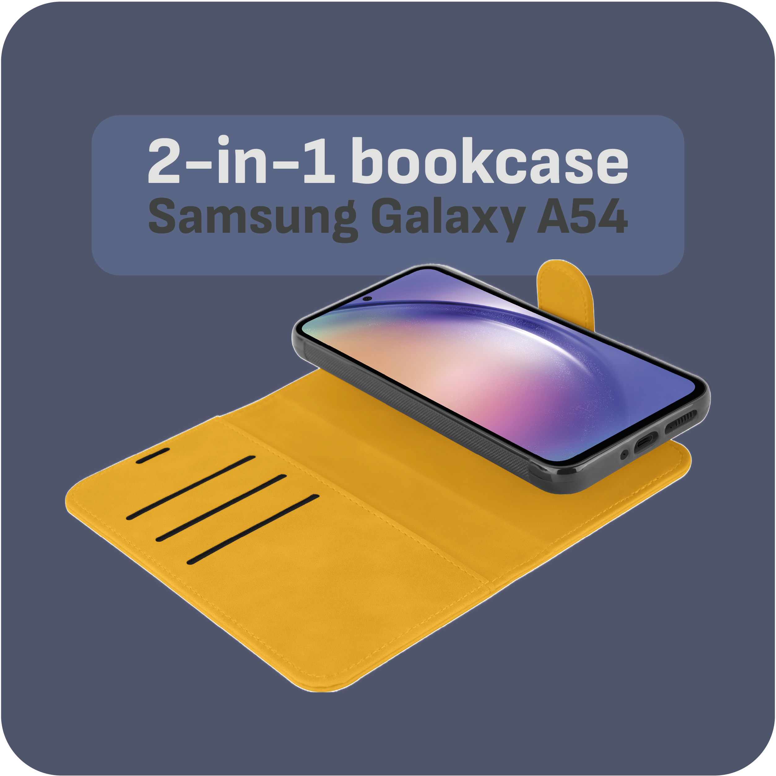 2-in-1-Buchhülle für Samsung Galaxy A54, offen, mit Telefon innen und gelbem Innenraum.
