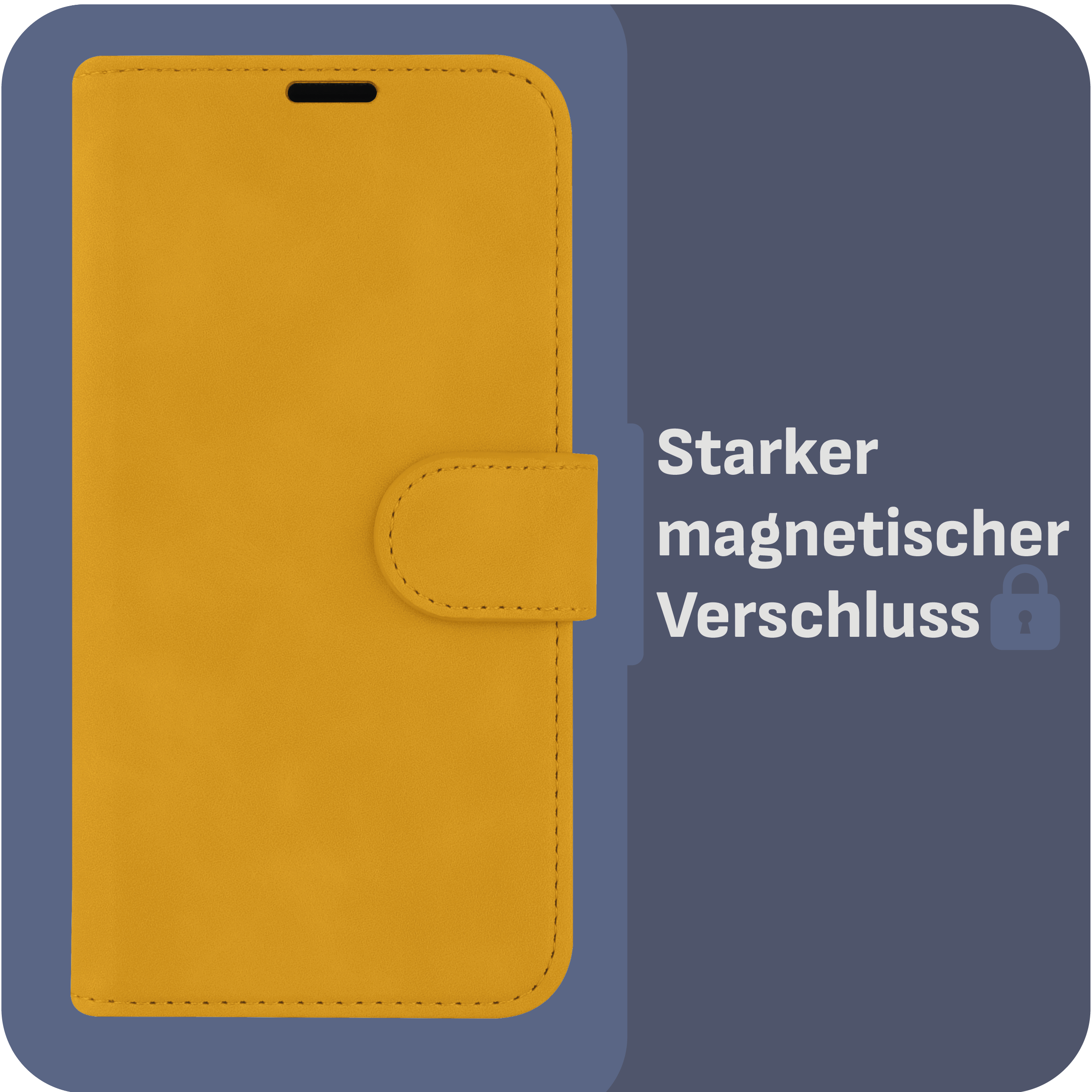Gelbe Handyhülle geschlossen, mit Magnetverschluss und Text, der einen starken Verschluss anzeigt.