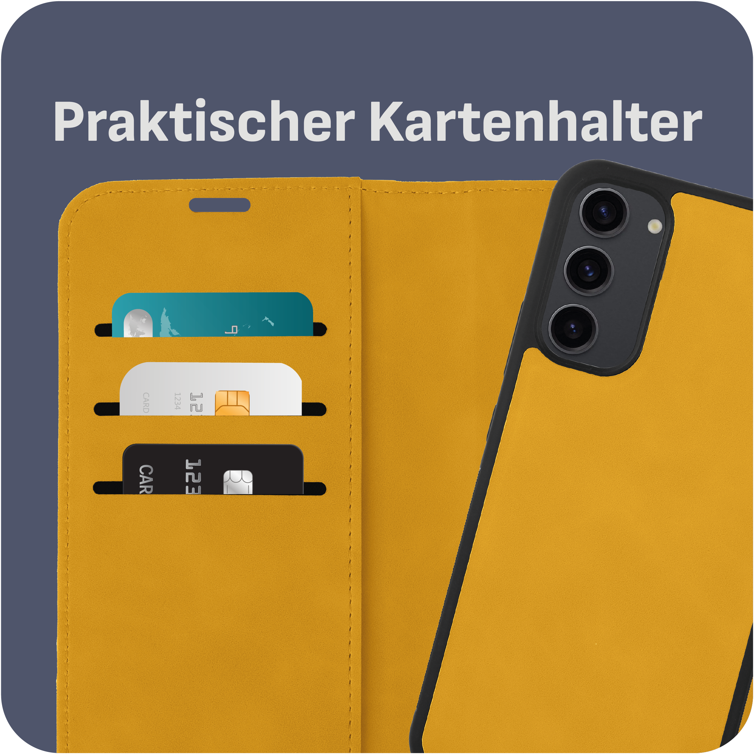 Geöffnete Handyhülle mit Karten, gelb-schwarzes Farbschema, blauer Hintergrund.