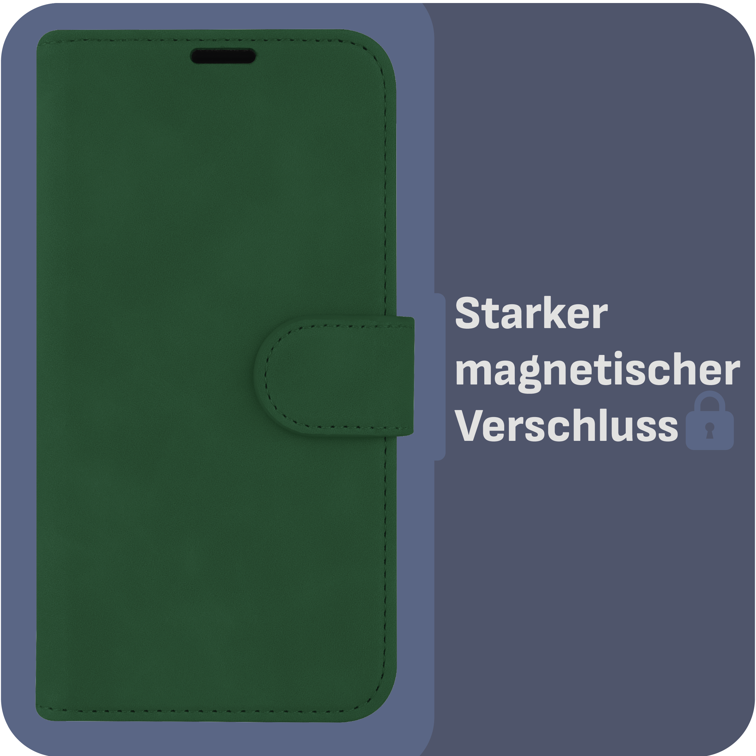 Grüne Handyhülle mit Magnetverschluss, auf blauem Hintergrund.