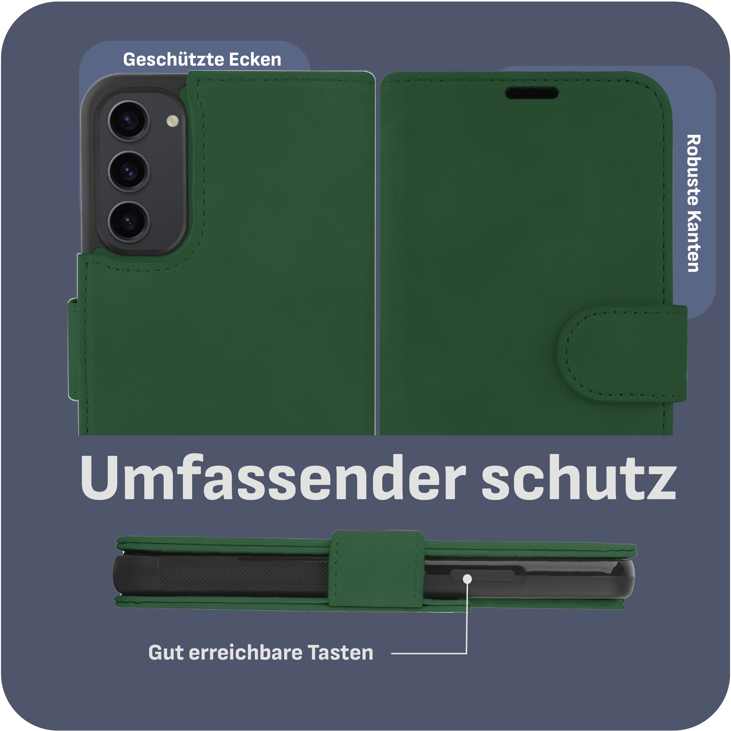 Grüne Handyhülle mit Telefon, geschützten Ecken, robusten Kanten und leicht erreichbaren Tasten.