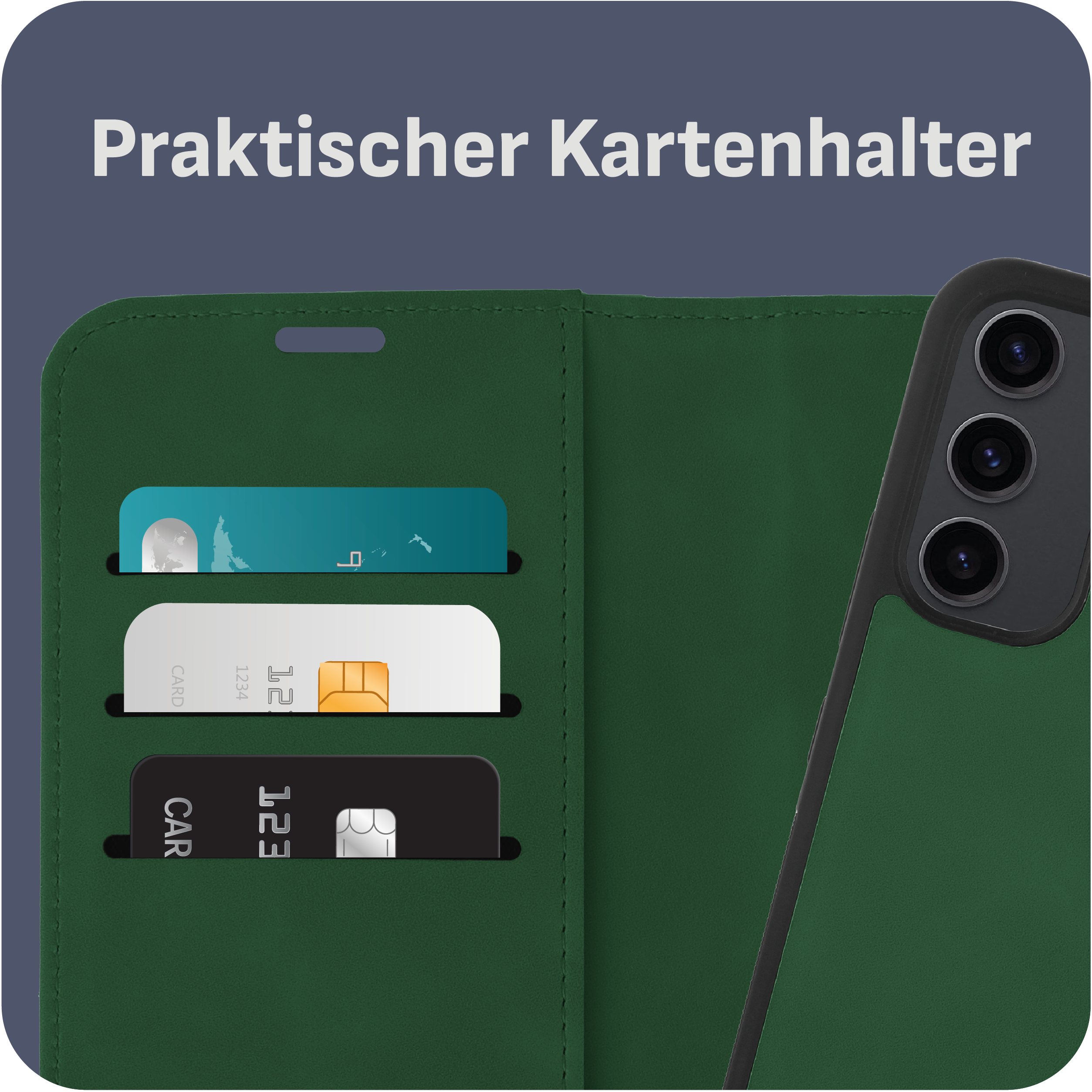 Grüne Handyhülle mit Karten. Text: Praktischer Kartenhalter.