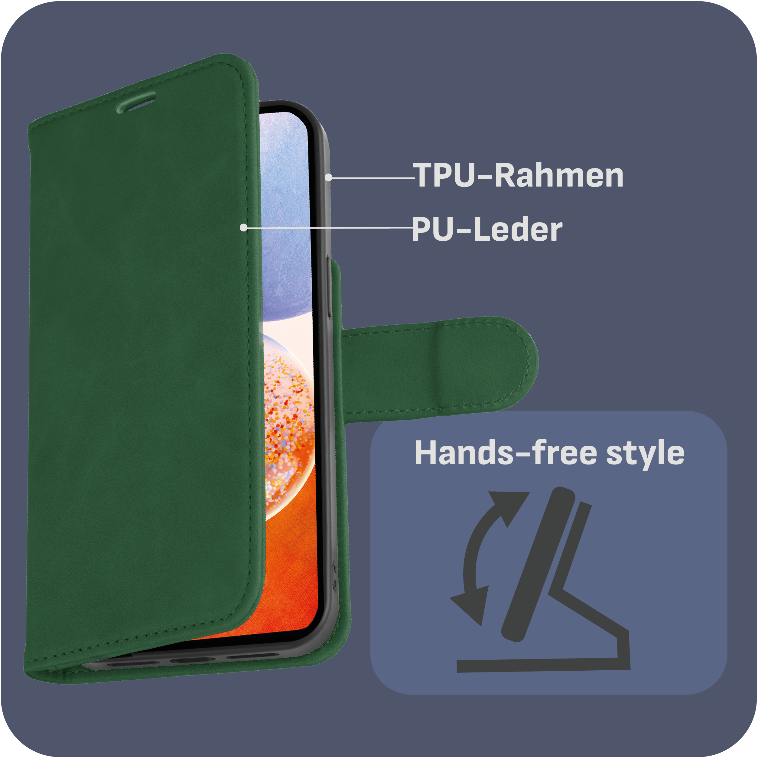 Grüne Handyhülle, Freisprechstil. Das Bild zeigt die Handyhülle.