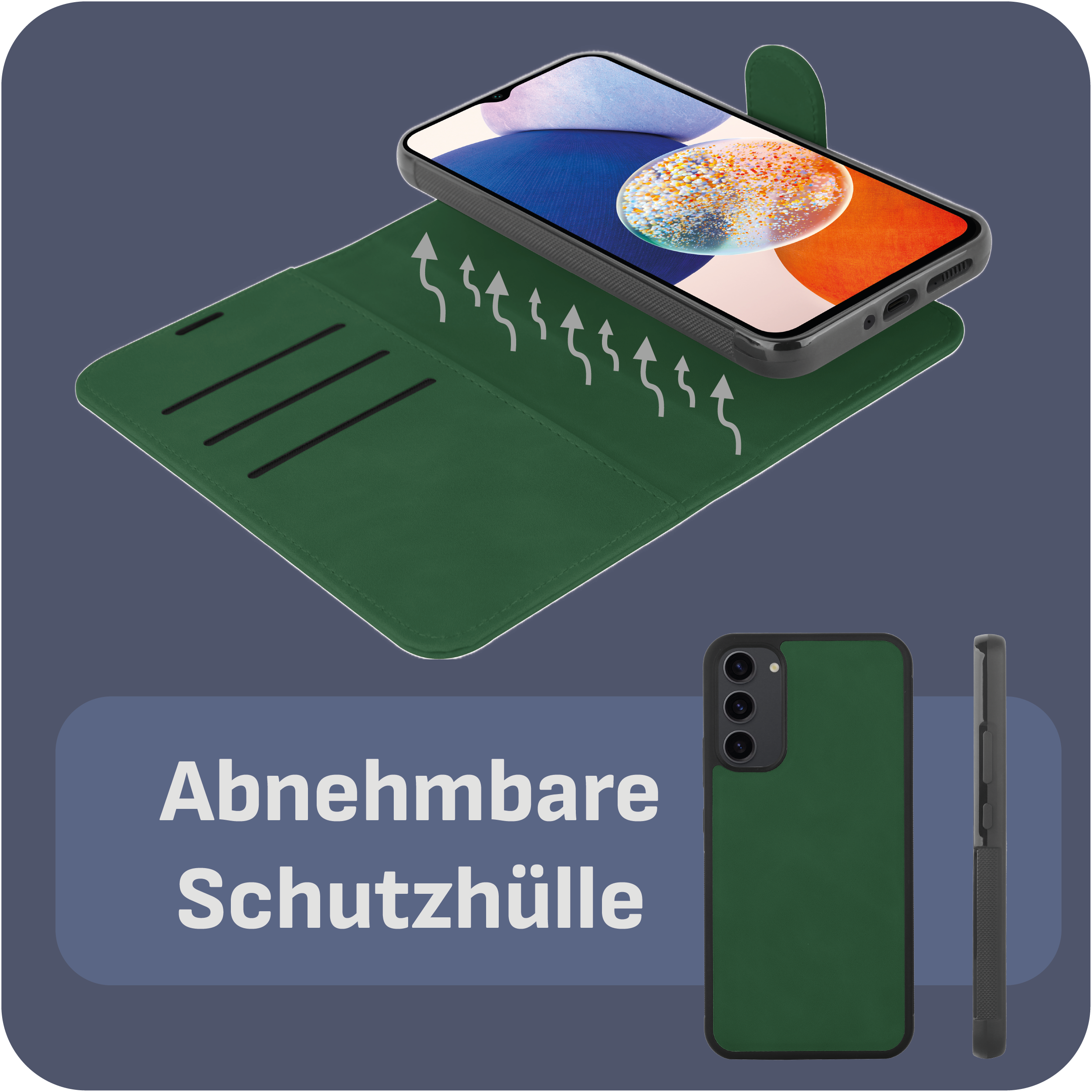 Grüne Handyhülle mit Telefon und zusätzlichem Cover. Text: 'Abnehmbare Schutzhülle'.