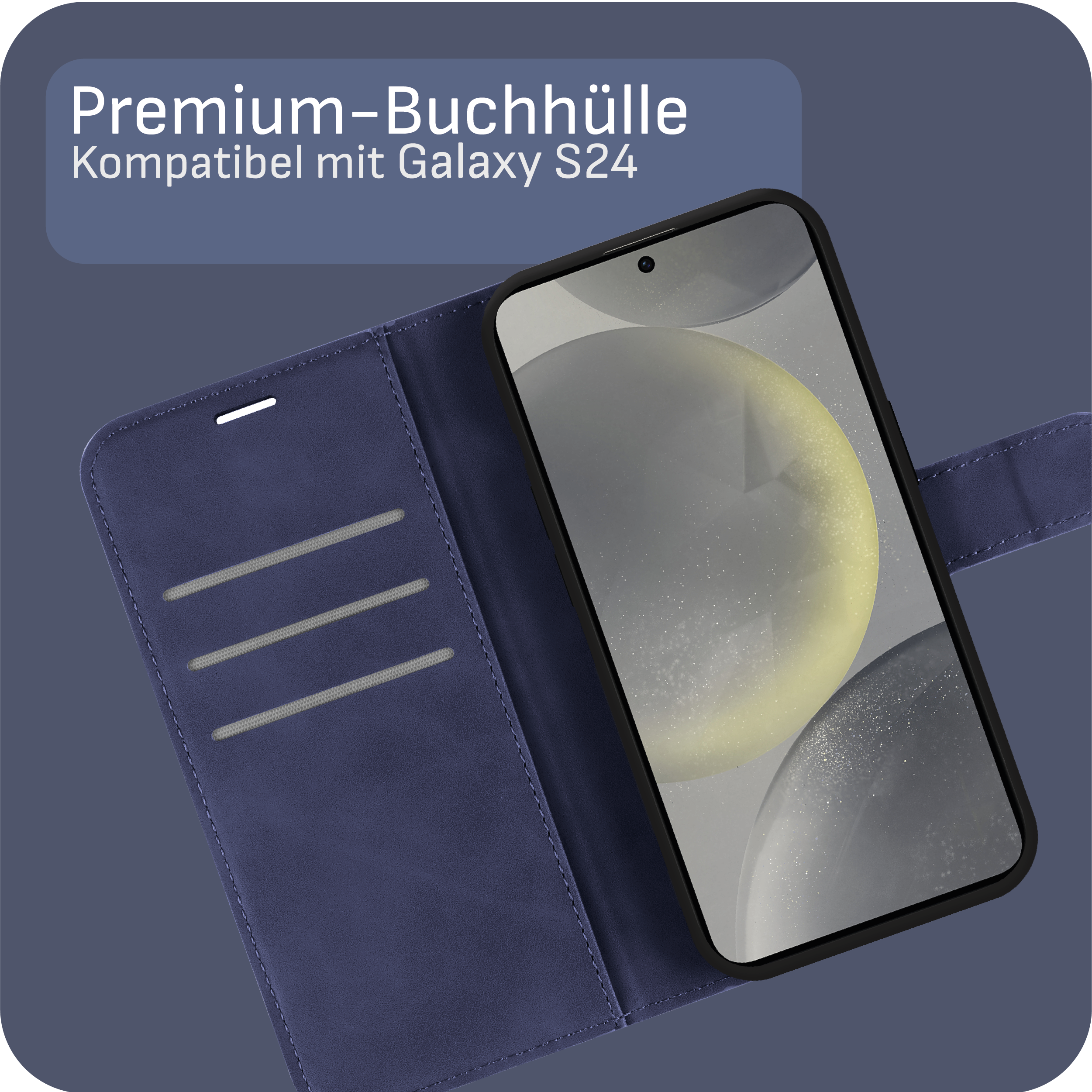 Blaue Handyhülle mit offenem Deckel, die ein Telefon zeigt. Text sagt 'Premium-Buchhülle' für Samsung S24.