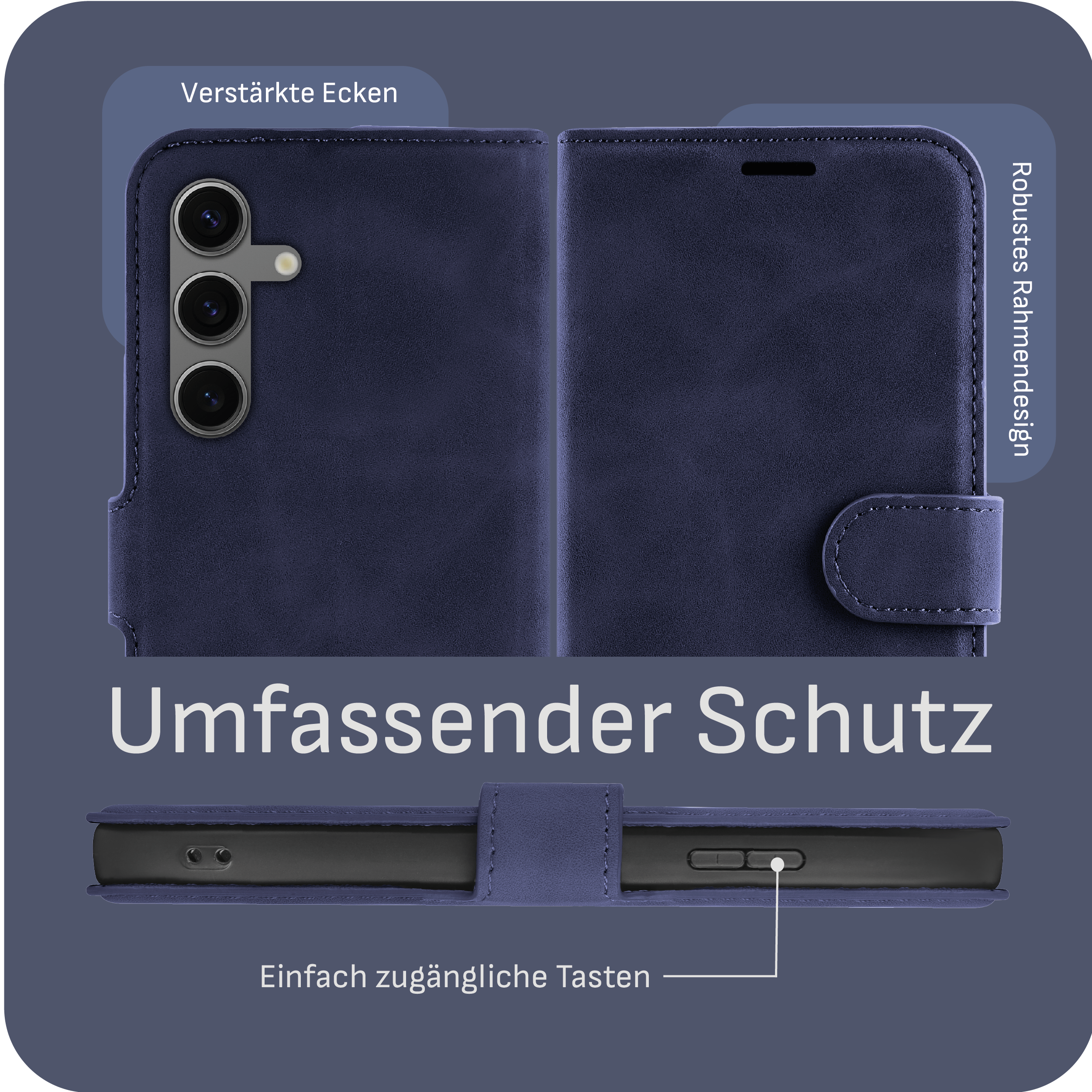 Blaue Handyhülle mit Telefon darin, offen. Text und Details sichtbar. Dunkelblauer Hintergrund.