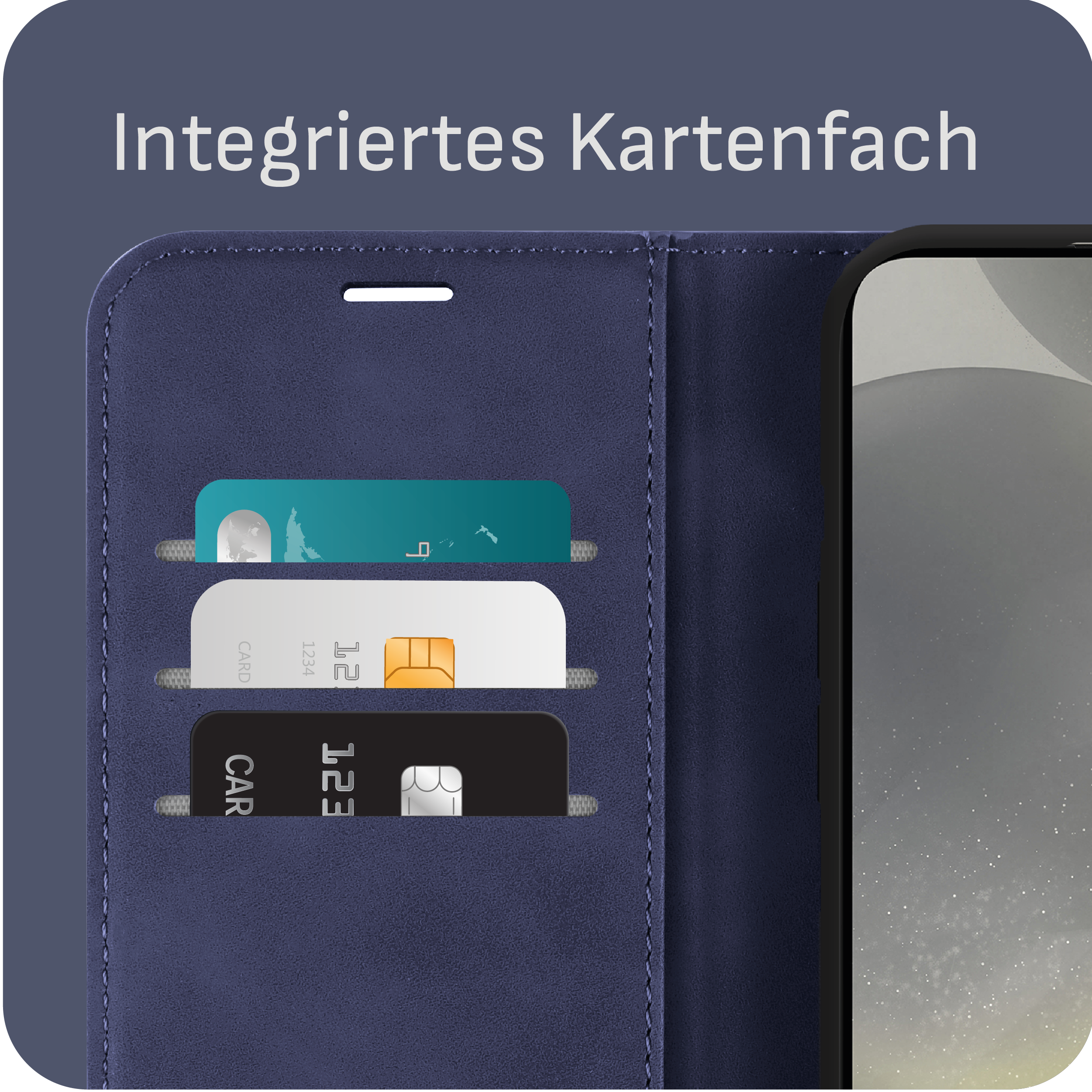 Geldbörse mit drei Karten. Blaues Leder. Weißer Hintergrund. Nahaufnahme.