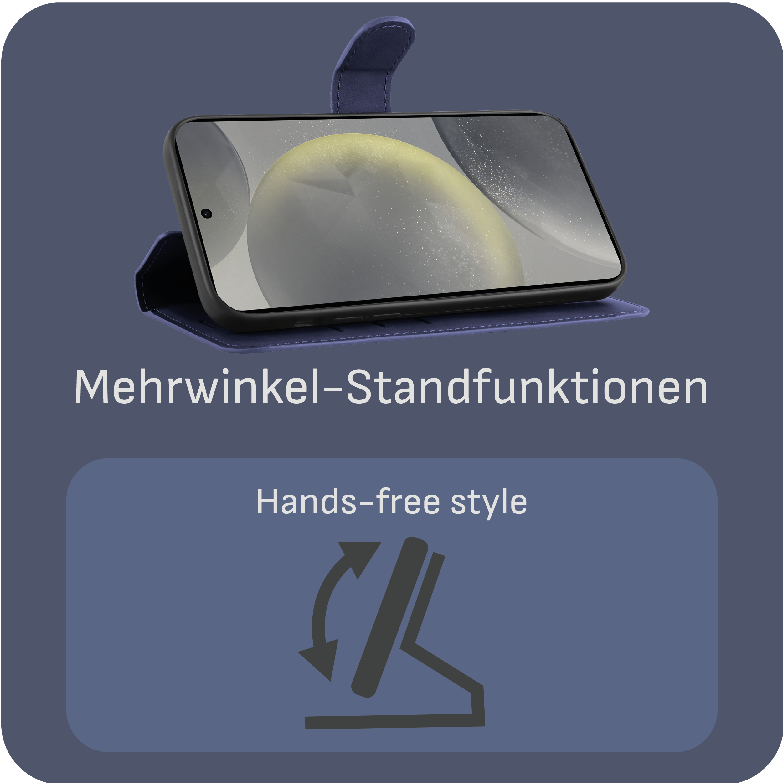 Blaue Handyhülle mit Telefon, das den Bildschirm zeigt. Die Hülle bietet Mehrwinkel-Standfunktionen.